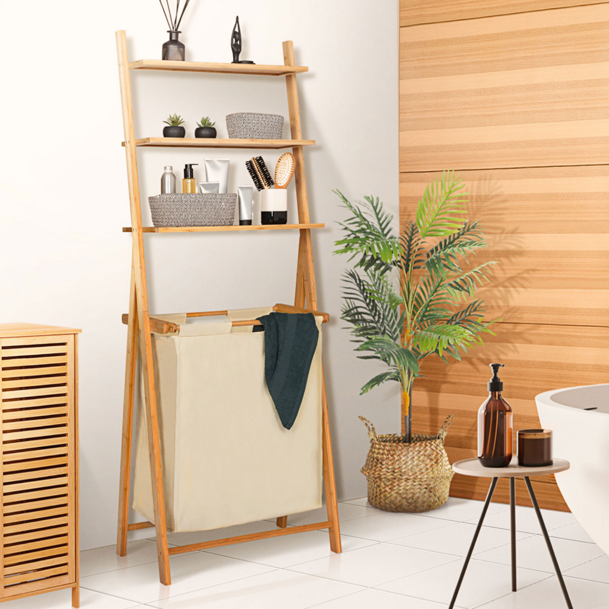 ID MARKET Panier à linge 2 bacs bambou LANA avec étagères tissu écru