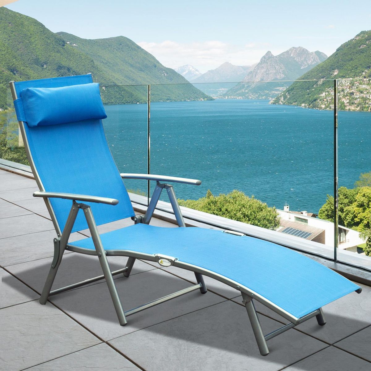OUTSUNNY Outsunny transat chaise longue bain de soleil pliable dossier inclinable multi-positions têtière fournie 137L x 64l x 101H cm métal époxy textilène bleu