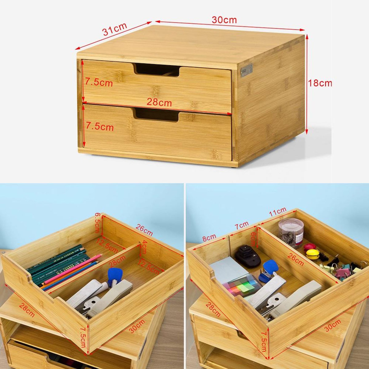 SOBUY Boîte de rangement à tiroirs en bambou 31x30x18cm FRG82-N