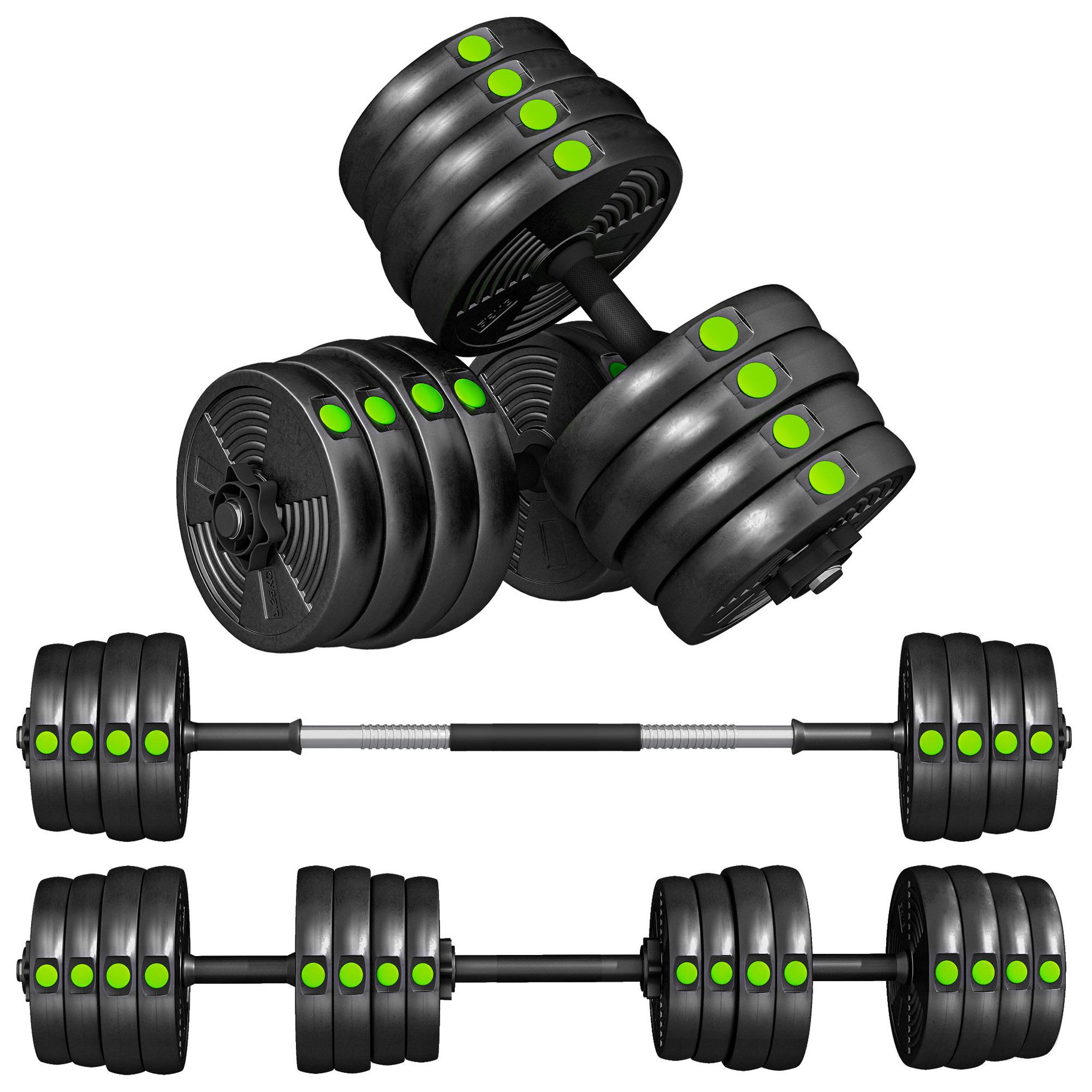 HOMCOM Haltères 2 en 1 réglables - haltères libres 30 kg - barres incluses - entraînement musculaire & haltérophilie - noir vert