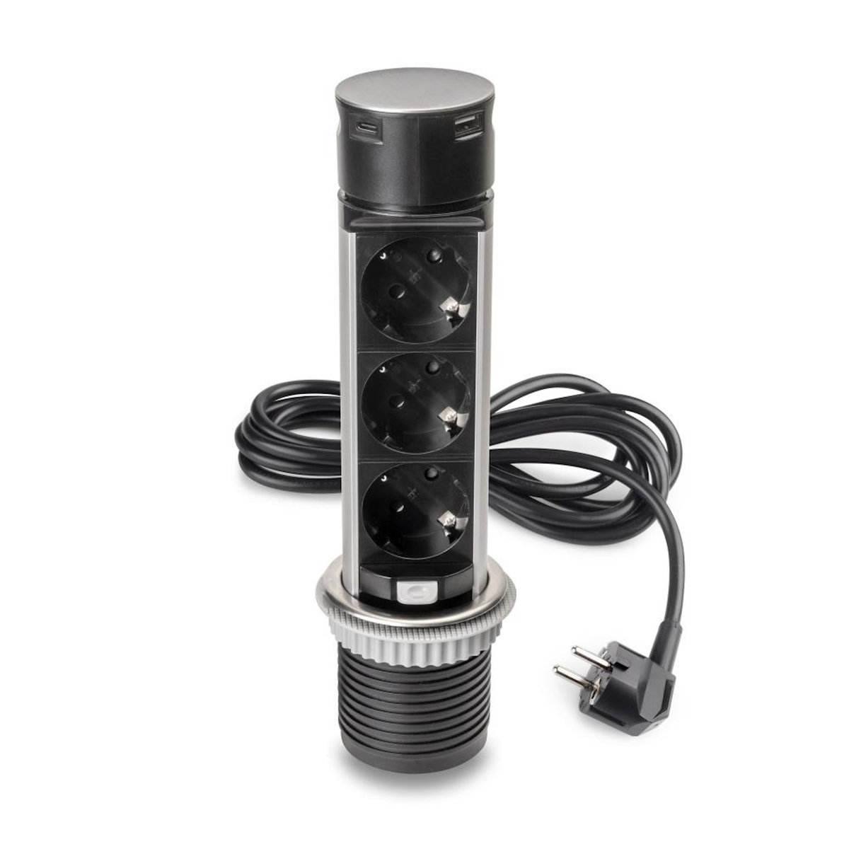 EMUCA SRL Multiconnecteur Vertikal Push 60 -  diamètre 60 mm -  3 prises de type Schuko -  1 USB de type A -  1 USB de type C -  Acier et plastique -  Acier inoxydable