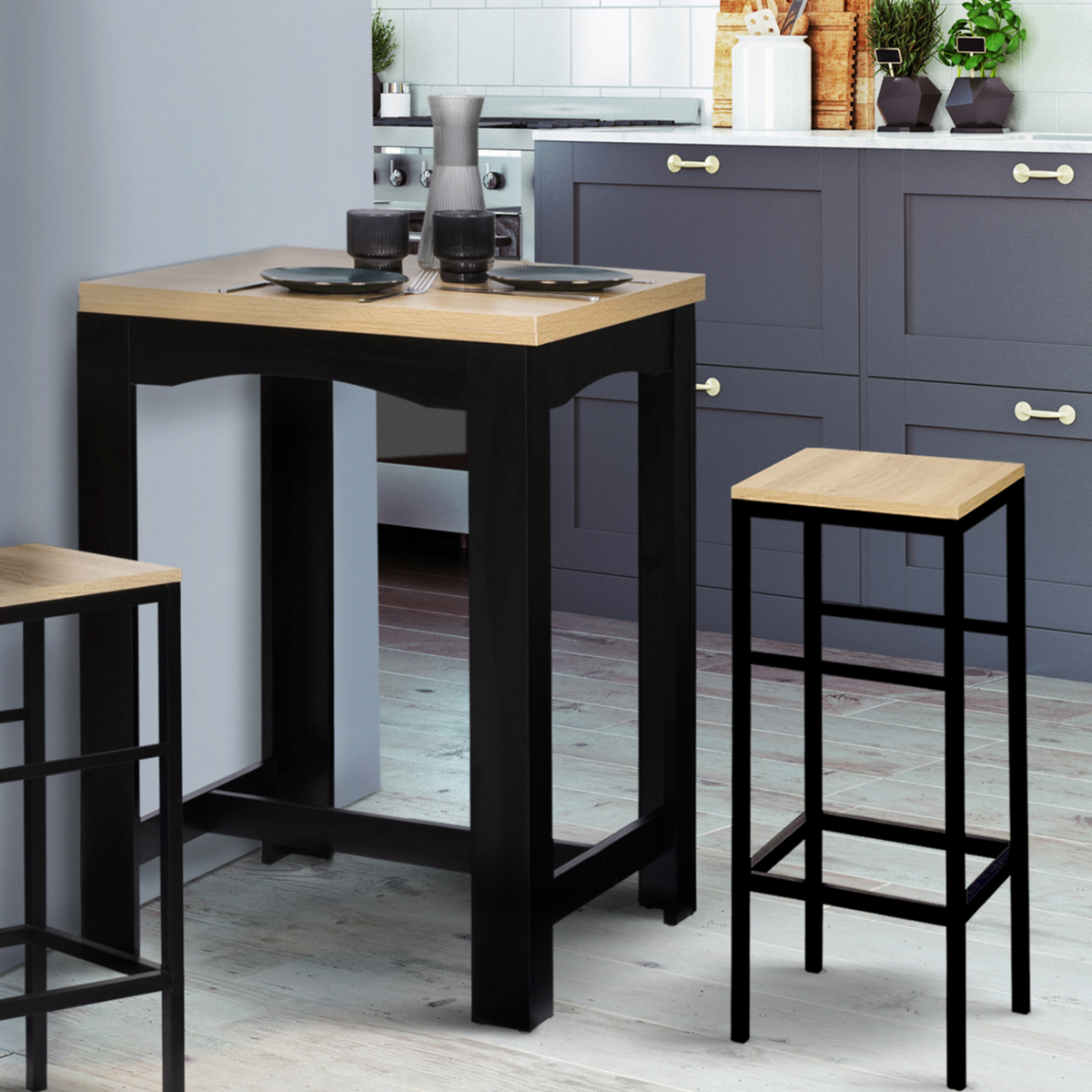 ID MARKET Table haute de bar extensible DONA 2 à 4 personnes noire plateau façon hêtre 60-120 cm