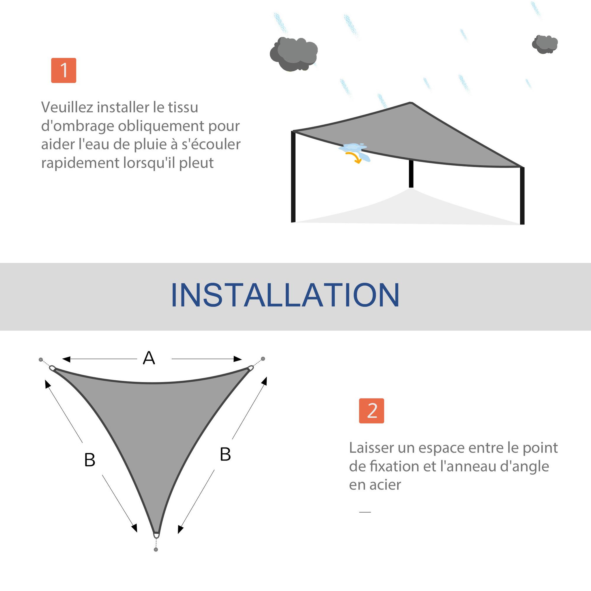 Voir la diapositive 5 : OUTSUNNY Voile d'ombrage triangulaire grande taille 3 x 3 x 3 m polyester imperméabilisé haute densité 160 g/m² gris clair