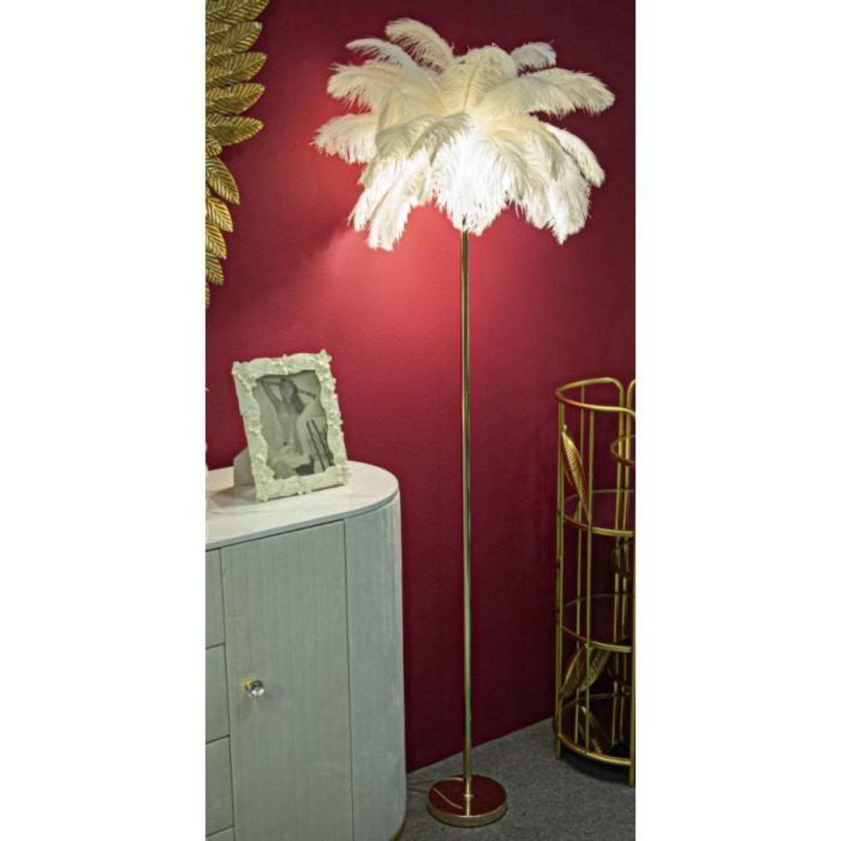 Paris Prix Lampadaire Imitation Plume  Palm  160cm Or & Blanc