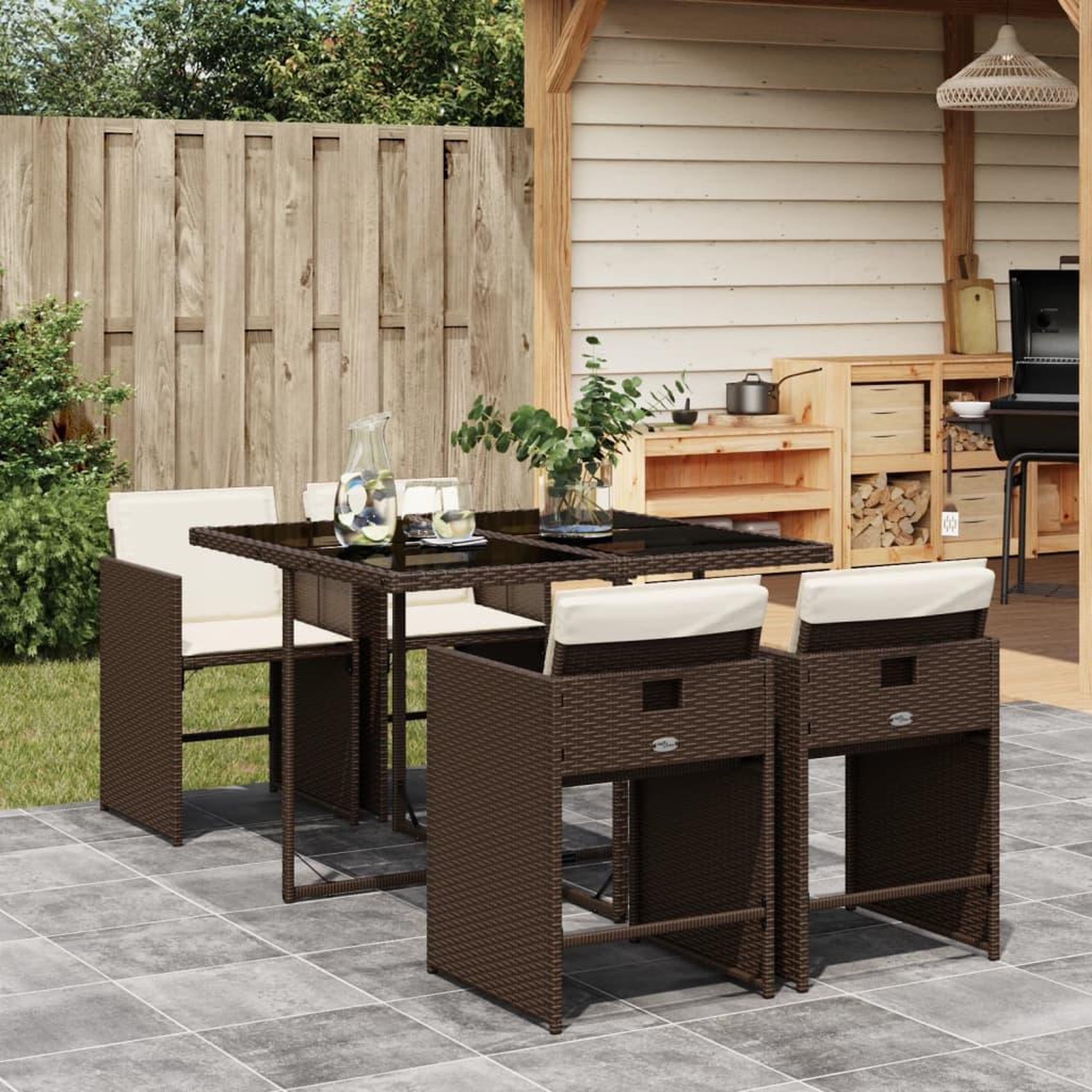 VIDAXL Ensemble a manger de jardin 5 pcs et coussins marron poly rotin