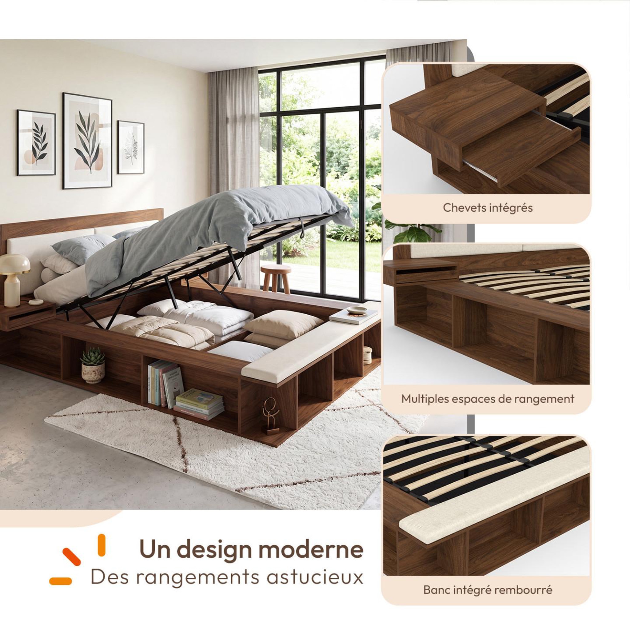 Voir la diapositive 3 : ID MARKET Lit coffre double KIRO tête de lit matelassée, tables de chevet et sommier 140 x 190 cm effet noyer et tissu beige