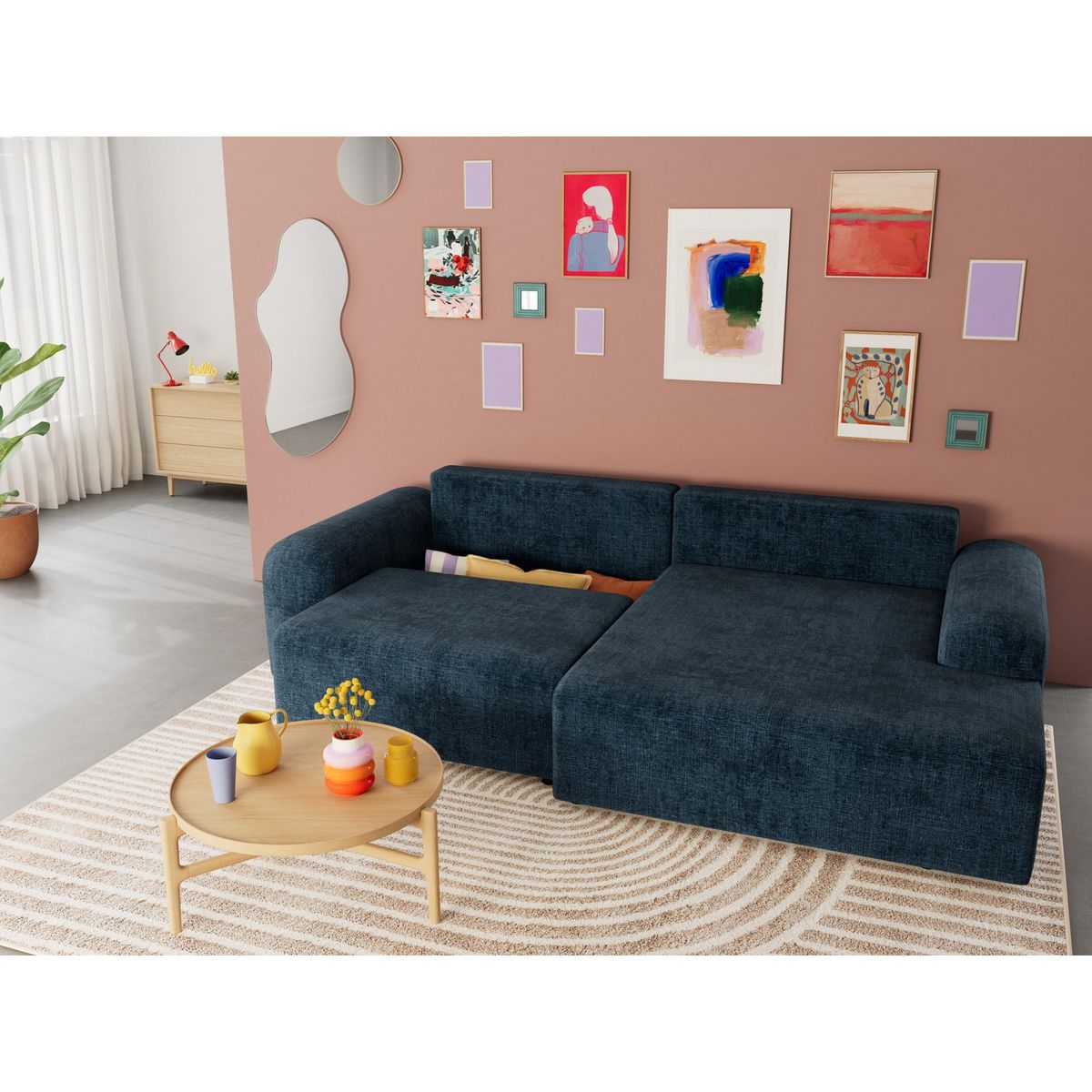 BEST MOBILIER Rebecca - canapé d'angle droit 4 places convertible avec coffre en velours texturé