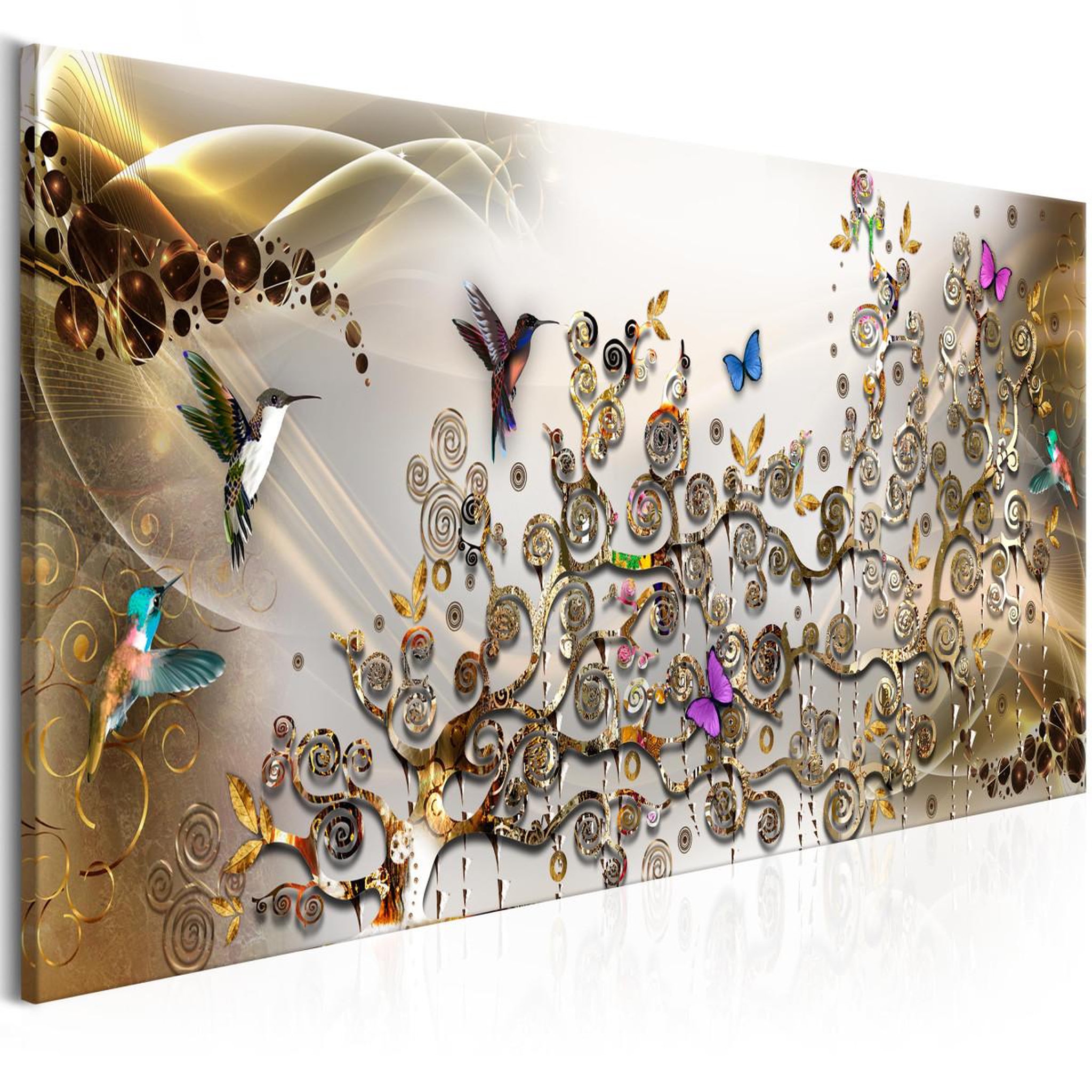 Paris Prix Tableau imprimé  hummingbirds dance gold narrow. Coloris disponibles : Multicolore