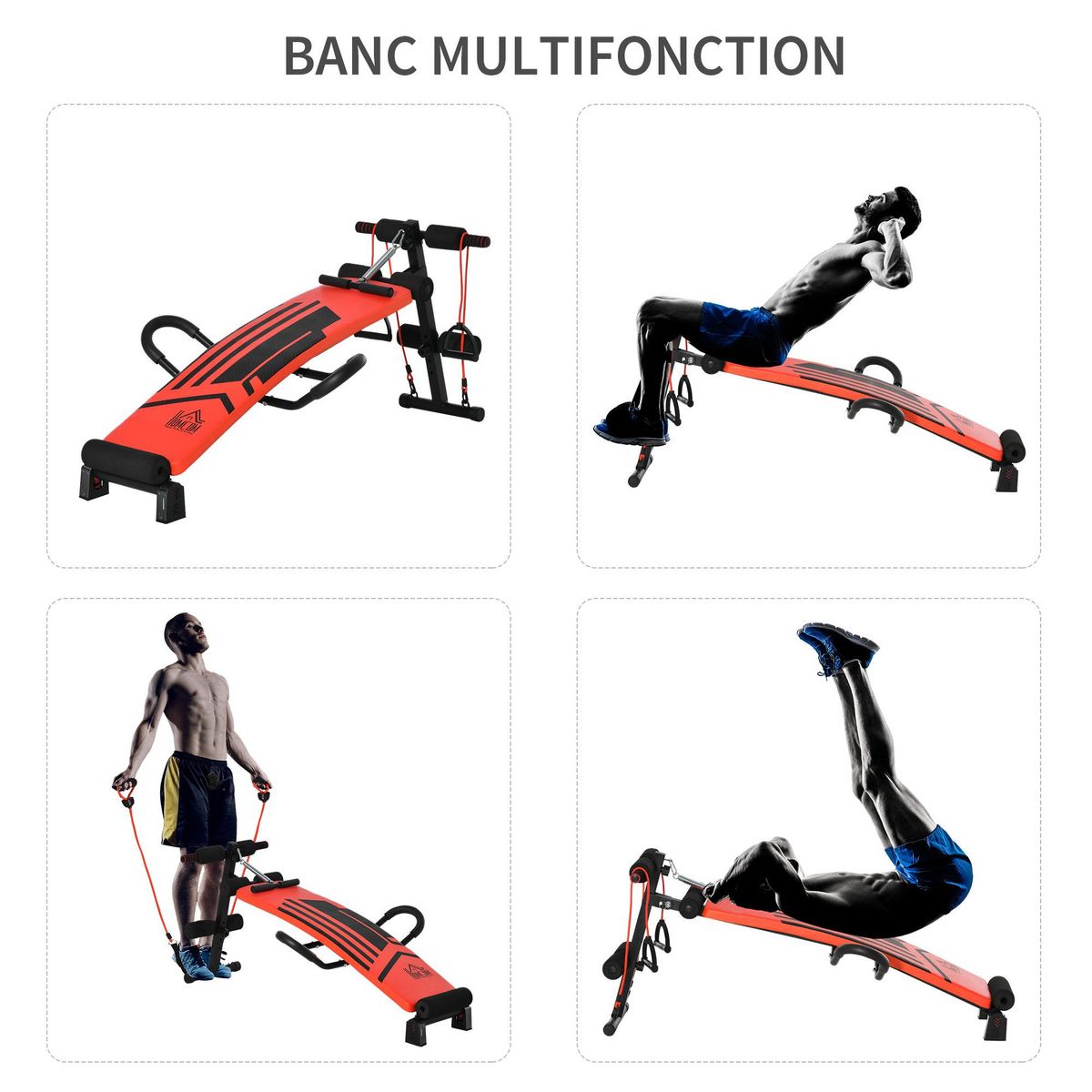 HOMCOM Banc de musculation pliable réglable - 2 bandes de résistance, ressort central traction, 2 poignées - acier PU rouge noir