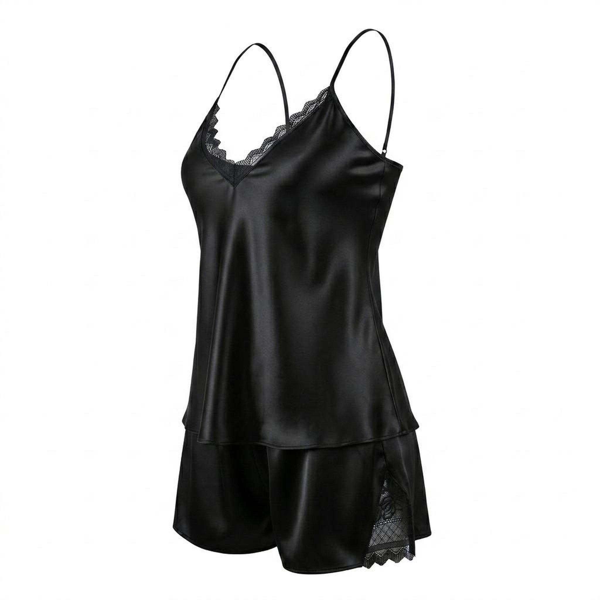 Voir la diapositive 1 : OZABI OZABI Pyjama Femme Satiné Débardeur Dentelle Col V Toucher Soie