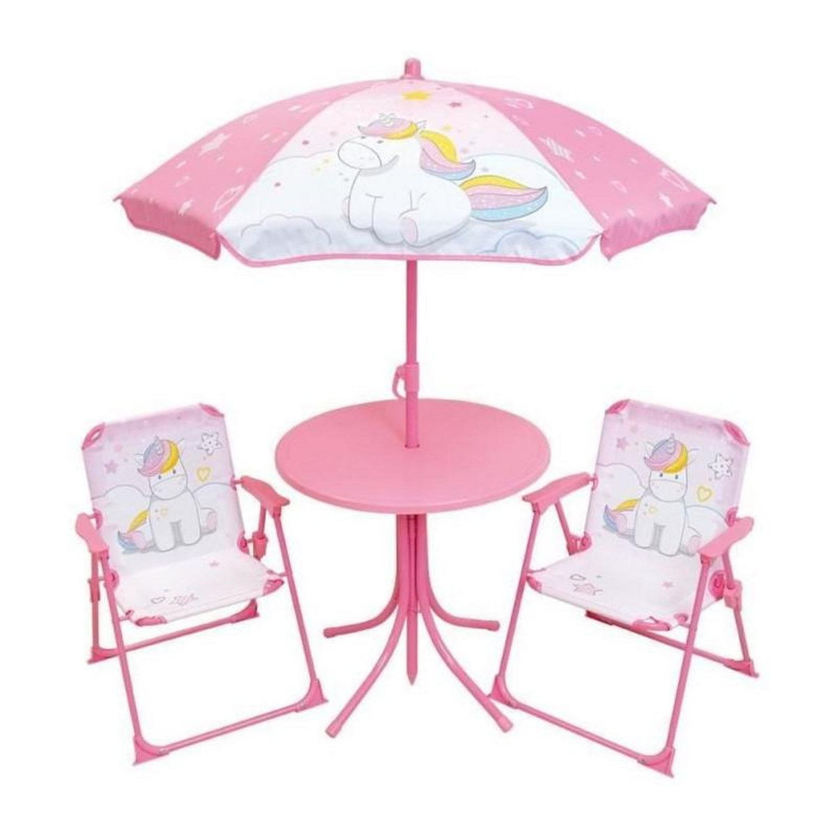 Fun House Mobilier de jardin - FUN HOUSE - Salon de jardin Licorne : Table H.46 x 46 cm, 2 chaises pliantes, parasol H.125 x�100 cm