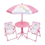 Fun House Mobilier de jardin - FUN HOUSE - Salon de jardin Licorne : Table H.46 x 46 cm, 2 chaises pliantes, parasol H.125 x�100 cm