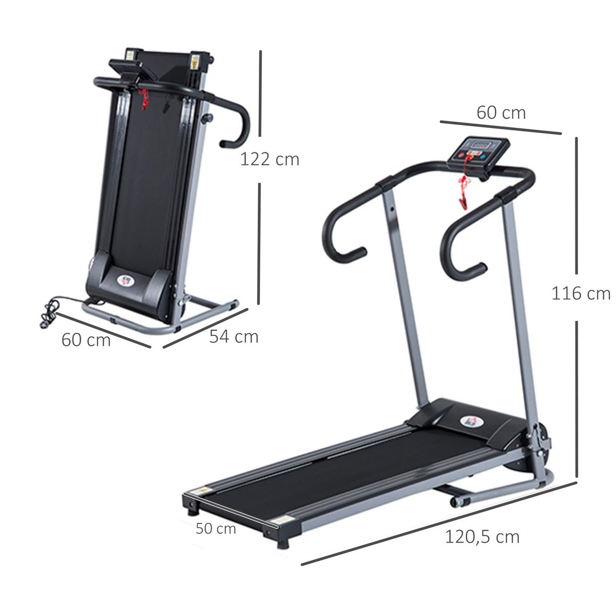 HOMCOM Tapis de course Fitness électrique pliable - 1 à 10 Km/h - écran LCD multifonctions - puissance 500 W - gris foncé noir