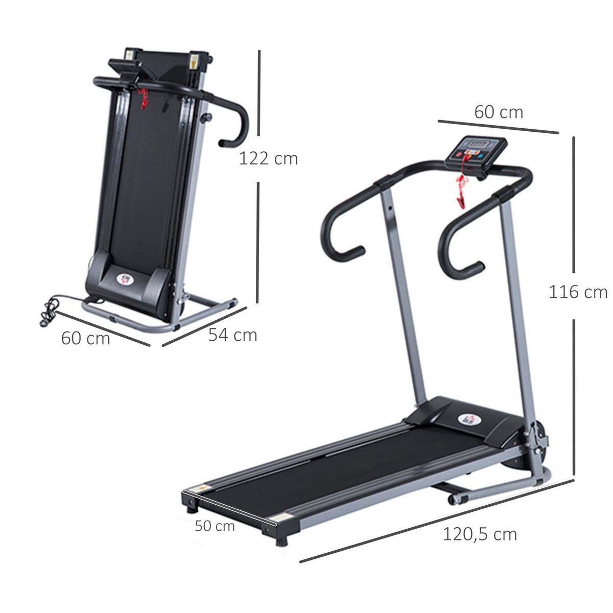 HOMCOM Tapis de course Fitness électrique pliable - 1 à 10 Km/h - écran LCD multifonctions - puissance 500 W - gris foncé noir