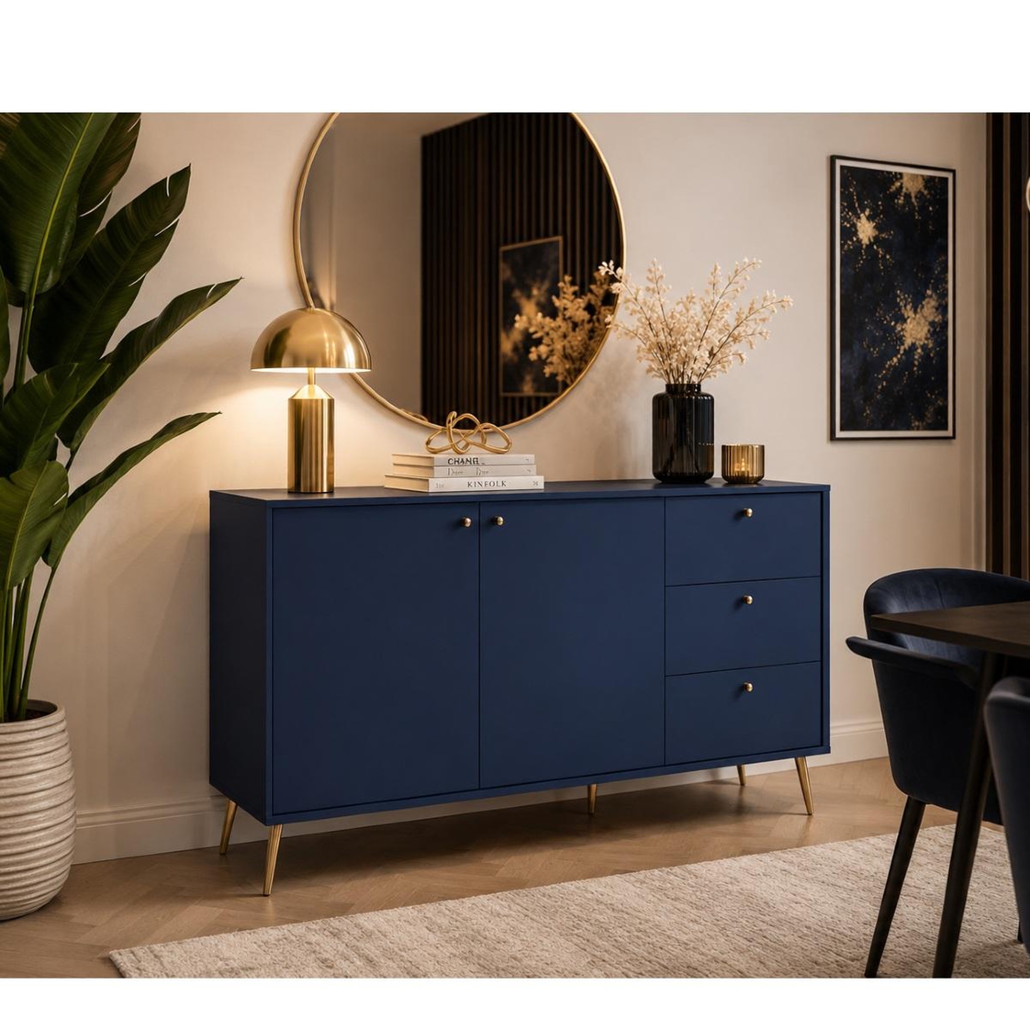 Voir la diapositive 2 : JLC KREATION Buffet bas bleu foncé et pied doré 160cm ezia