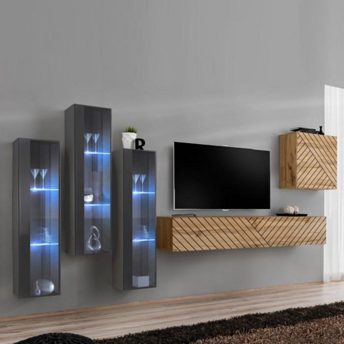 Paris Prix Ensemble Meuble TV  Switch Lamel XIII  330cm Naturel & Gris