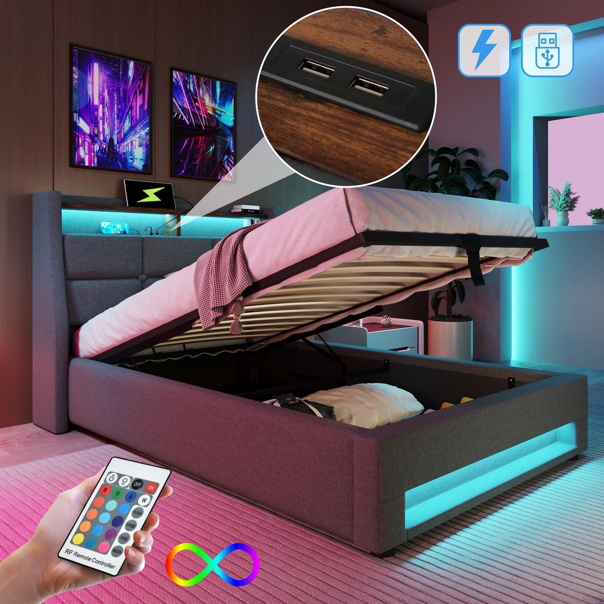 Voir la diapositive 2 : MERAX Lit coffre avec USB et LED Lin gris