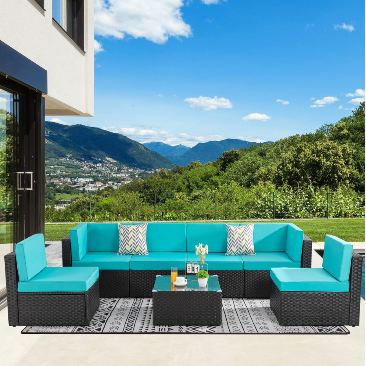 CONCEPT USINE Salon de jardin en résine tressée 6 personnes marron-bleu BASTIA