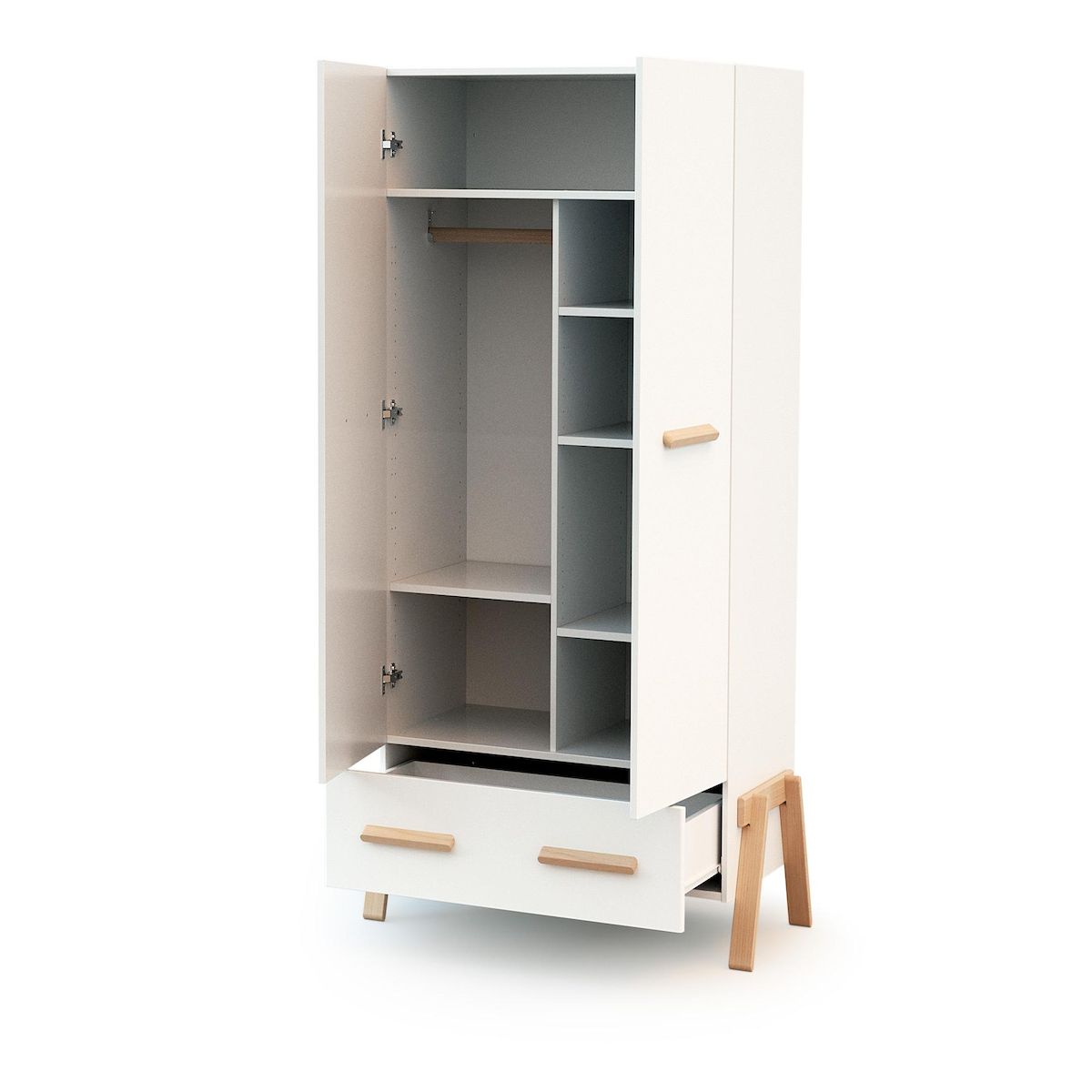 AT4 Armoire enfant 2 portes en bois CANAILLE Blanc et Hêtre 108 x 53 x176 cm