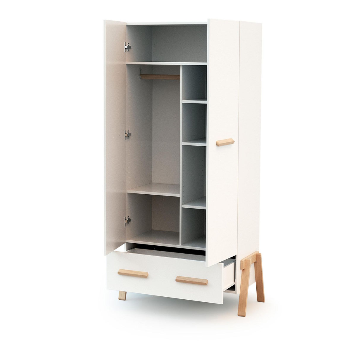 AT4 Armoire enfant 2 portes en bois CANAILLE Blanc et Hêtre 108 x 53 x176 cm