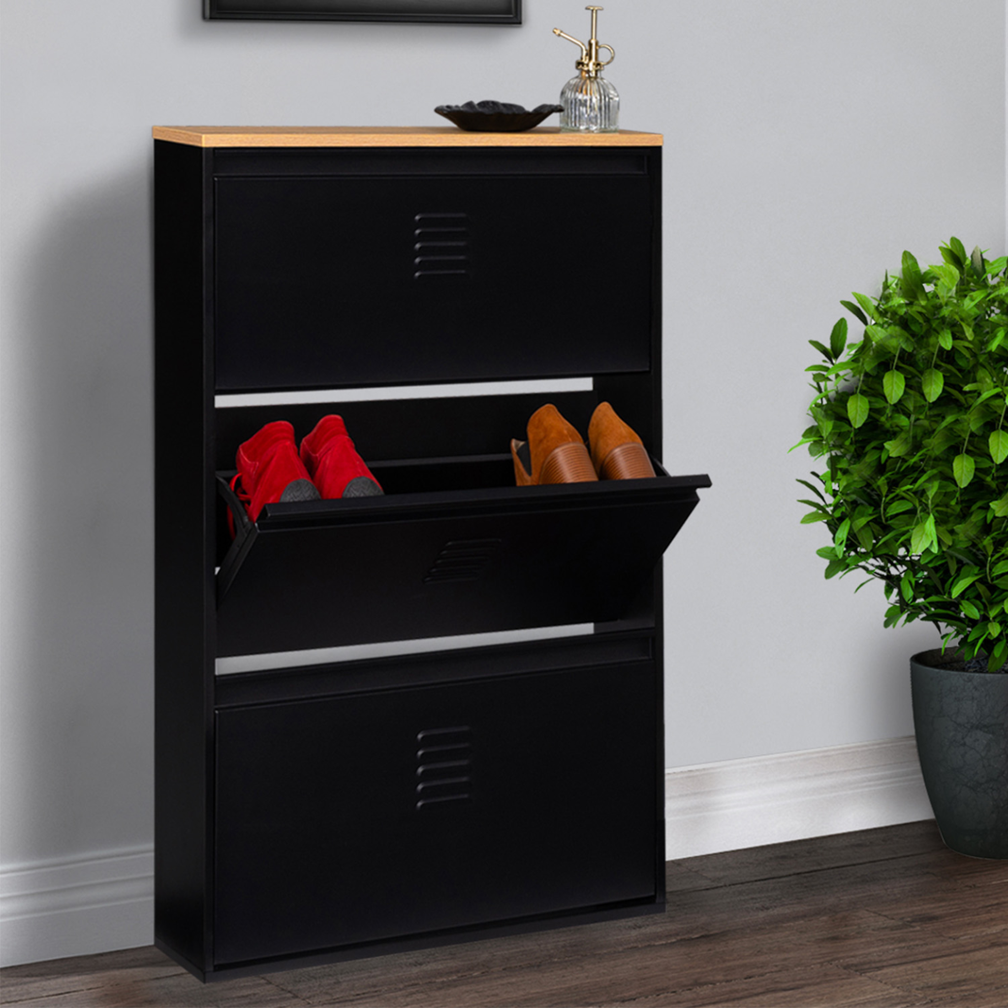 Voir la diapositive 2 : ID MARKET Meuble à chaussures 9 paires ester 3 portes métal noir et plateau façon hêtre design industriel