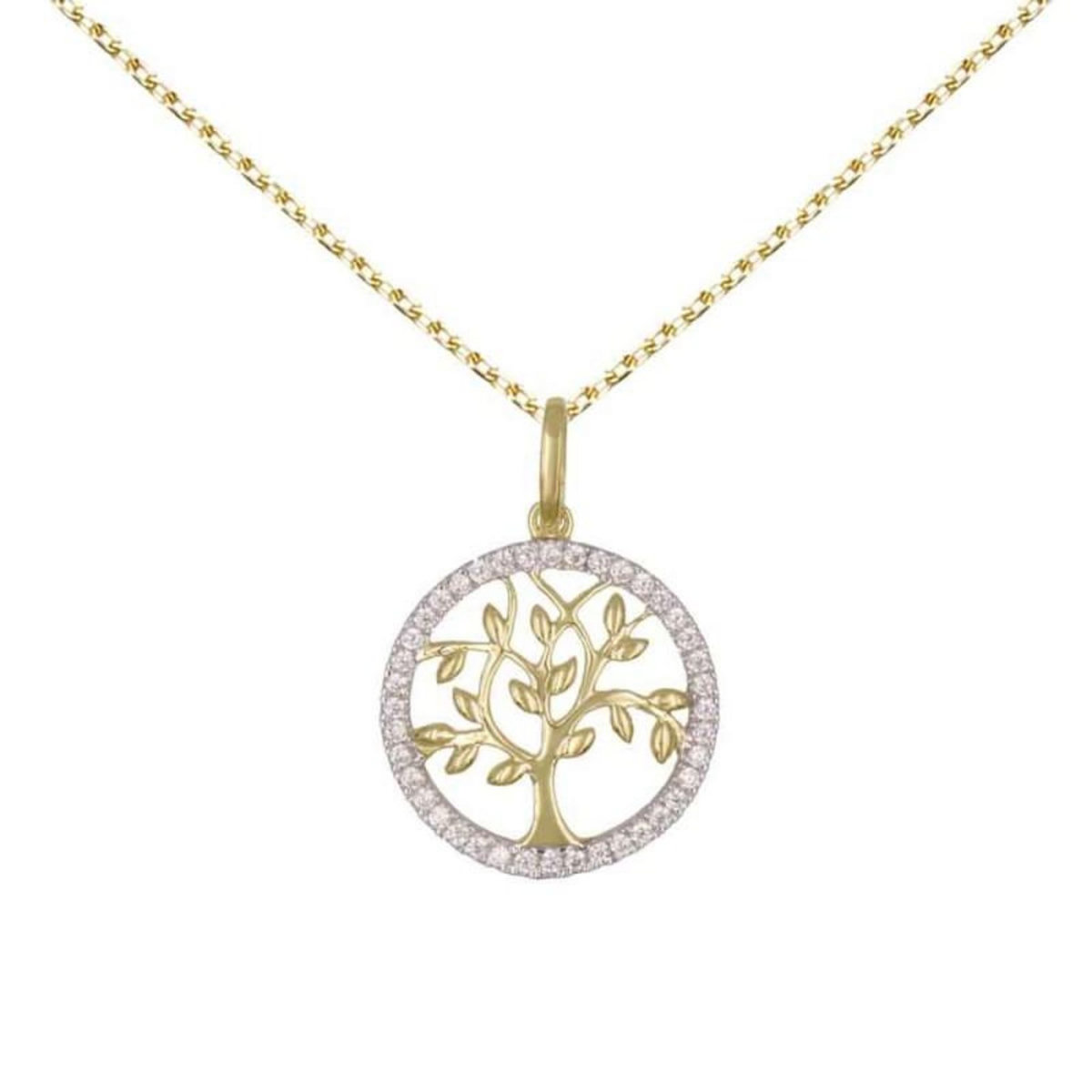 L'ATELIER D'AZUR Collier - Pendentif Or Jaune Arbre de Vie Serti de Zirconiums - Chaine Dorée Offerte