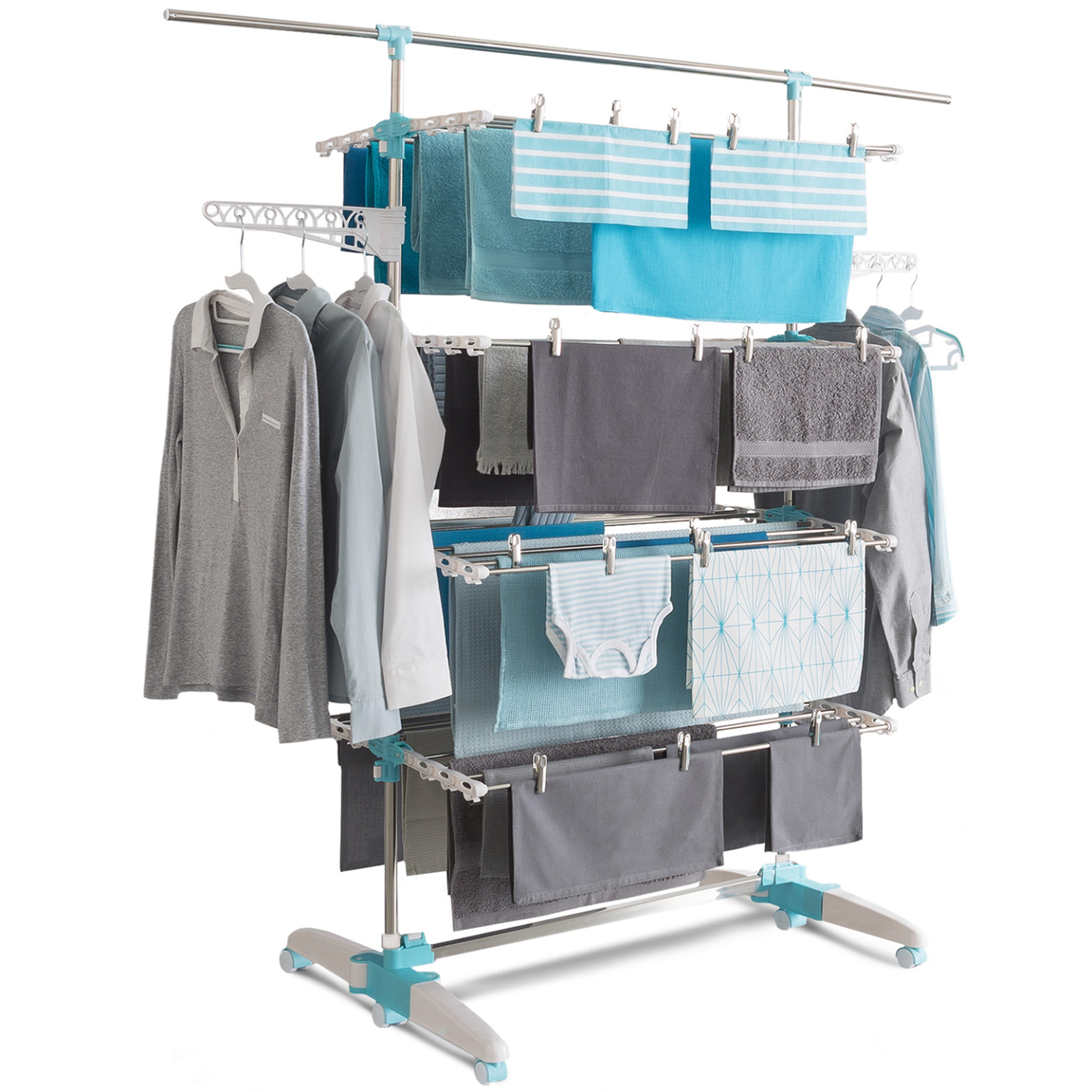 ID MARKET Séchoir à linge vertical pliable 4 niveaux optimum capacité 30m avec tringle télescopique blanc et bleu