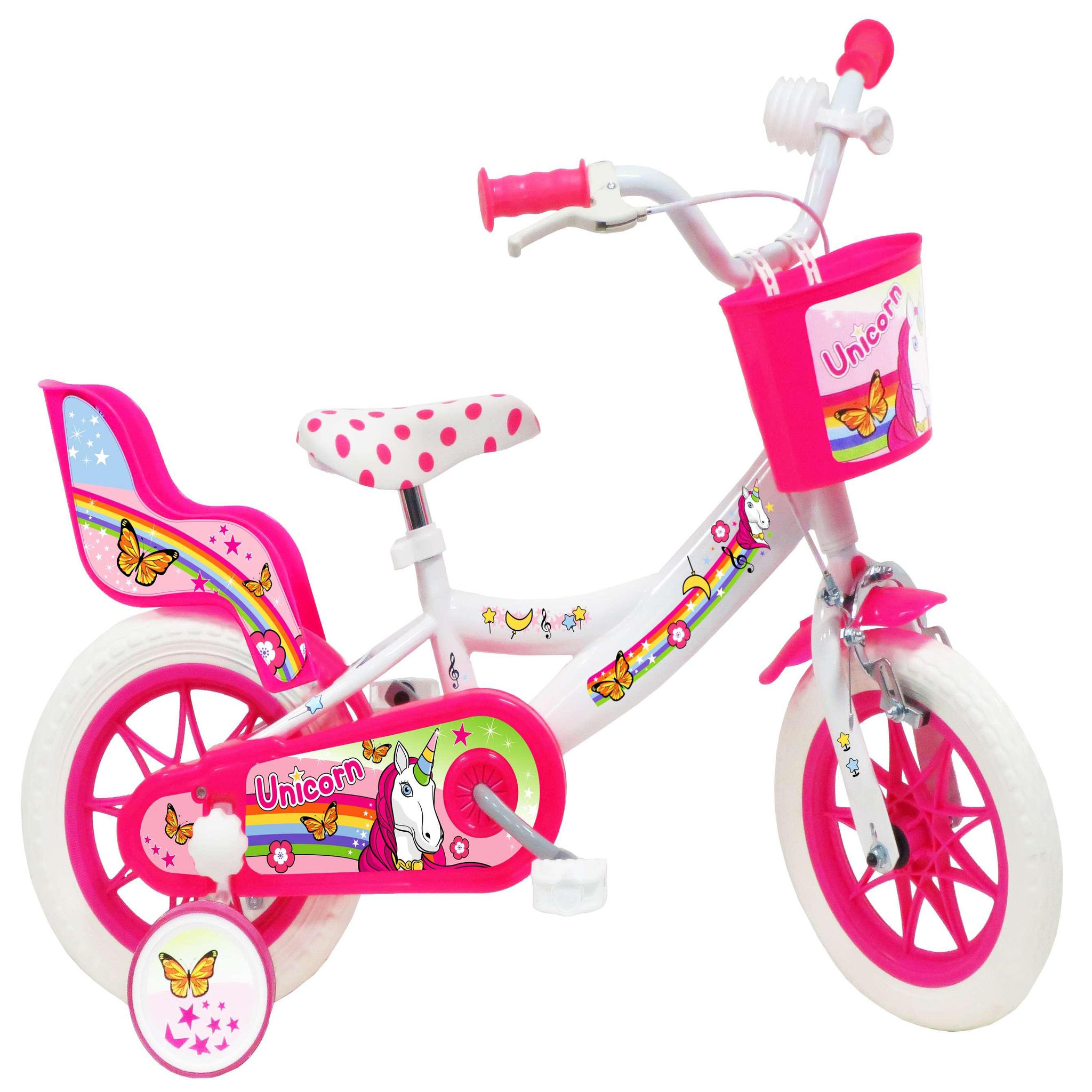 Vélo enfant - Modèle 12'' Fille  Unicorn  pour enfant de 85/100 cm avec stabilisateurs à molettes - 1 Frein - Panier avant - Porte poupée arrière