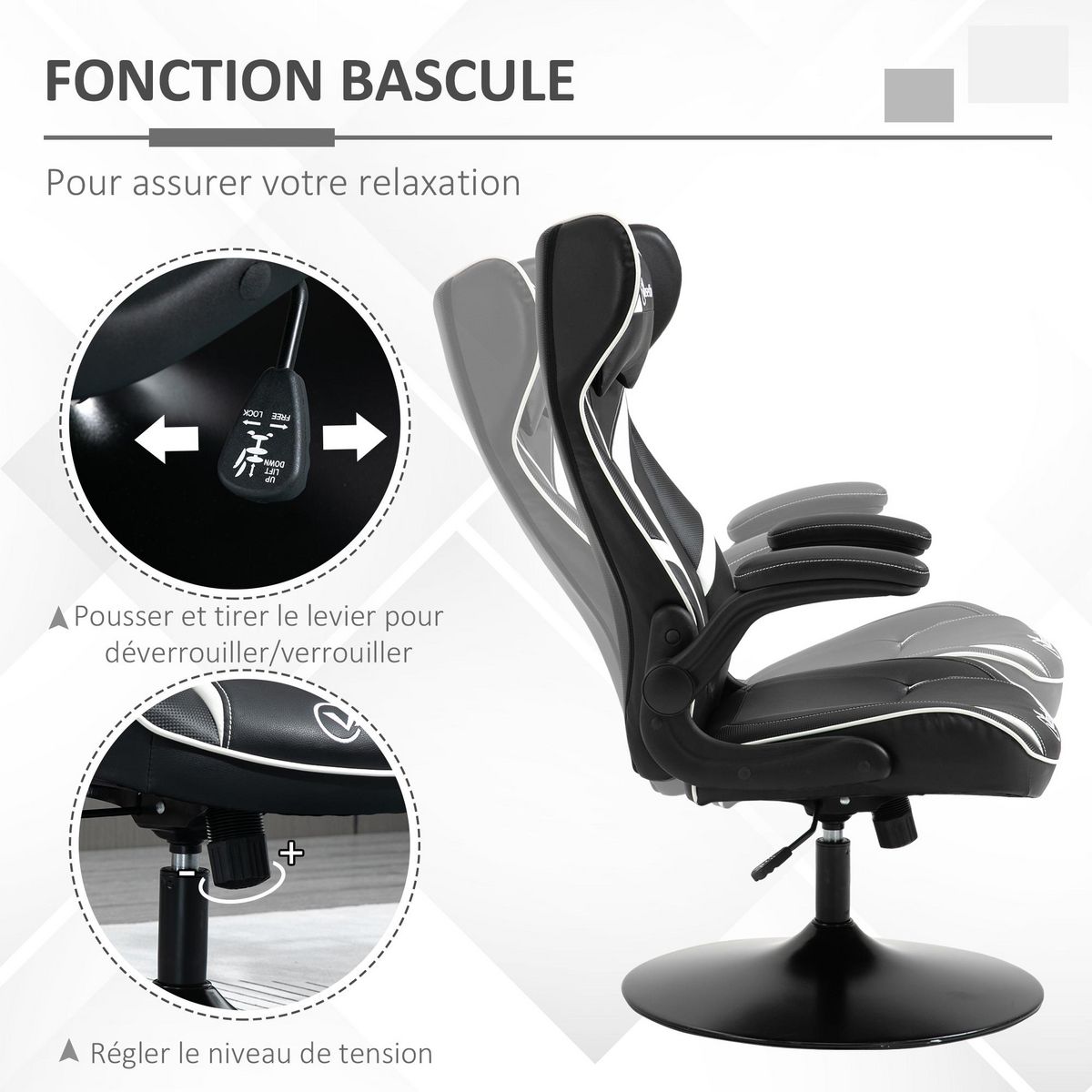 VINSETTO Fauteuil gaming base ronde métal pivotante 360° hauteur réglable tétière accoudoirs relevables PVC blanc noir