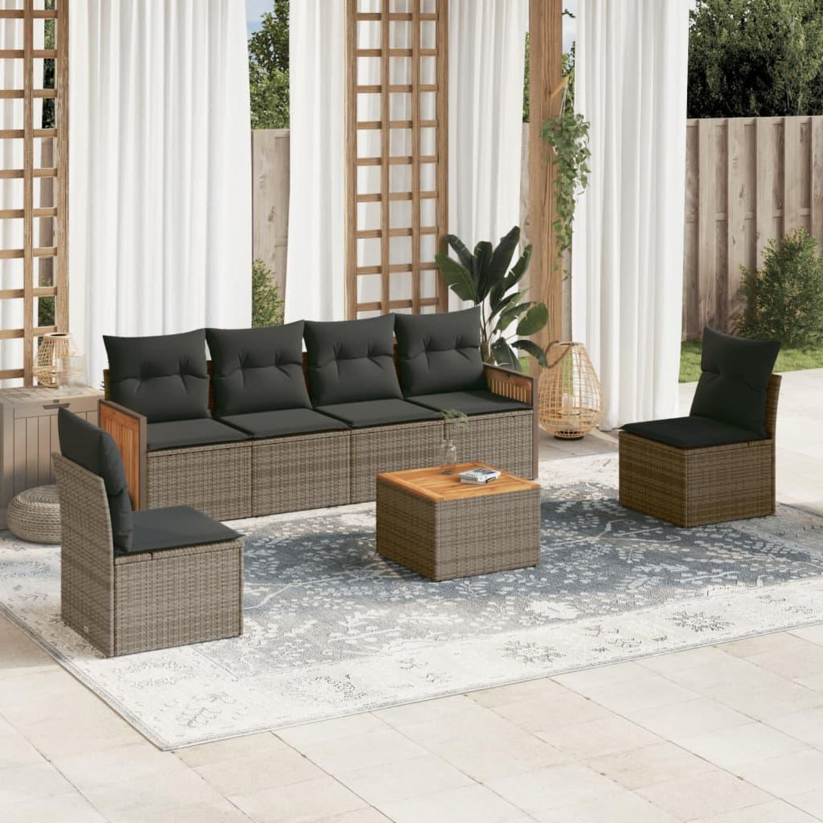 VIDAXL Salon de jardin avec coussins 7 pcs gris resine tressee