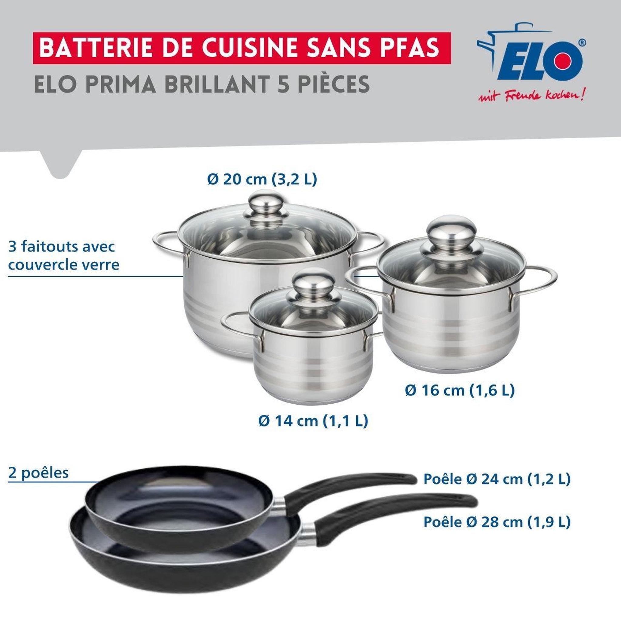 Voir la diapositive 2 : ELO Ensemble de 2 poêles de cuisson 24 et 28 cm et 3 faitouts 14, 16 et 20 cm elo prima brillant