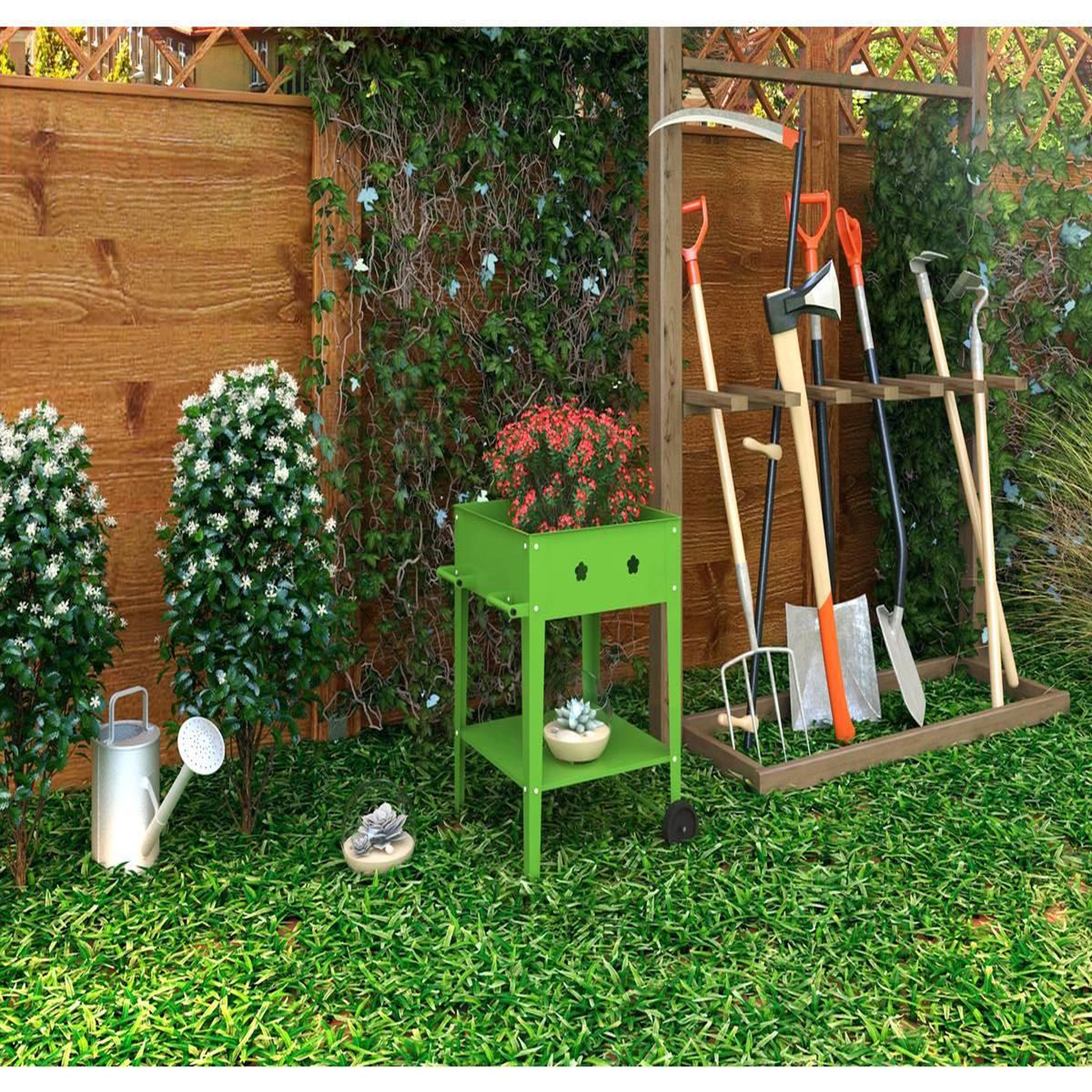 Voir la diapositive 2 : Habitat et Jardin Table de rempotage métal  laurier  - 55 x 55 x 80 cm - vert