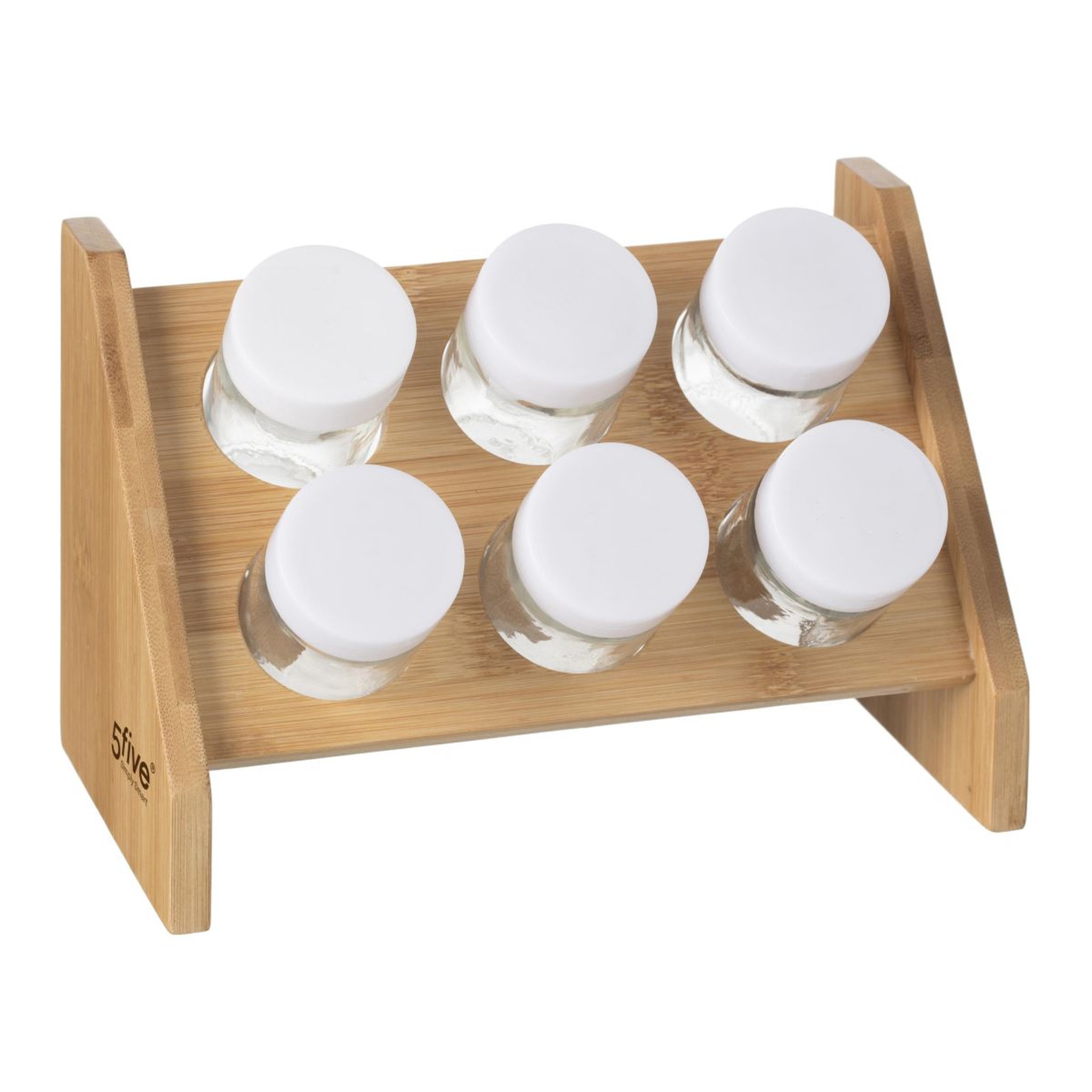Voir la diapositive 1 : Etagère en bambou + 6 pots à épices