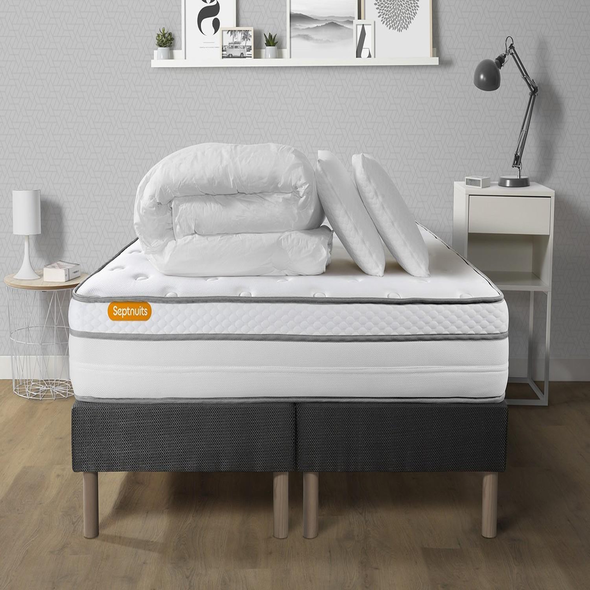 SEPTNUITS Pack matelas + double sommiers gris  Memo Luxe Ressorts ensachés + mémoire de forme 5 zones de confort. Coloris disponibles : Gris