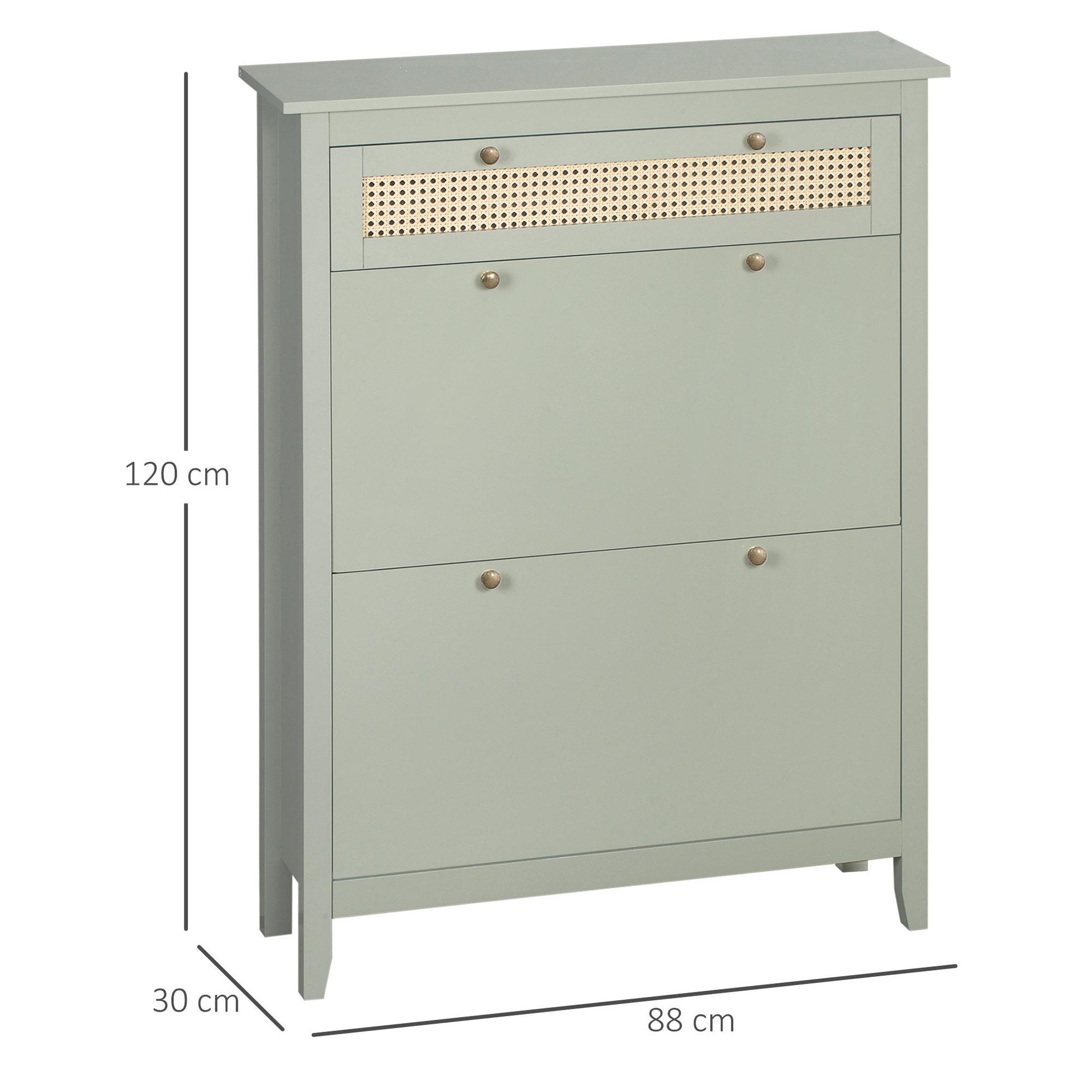 Voir la diapositive 3 : HOMCOM Meuble à chaussures style bohème chic - 2 portes abattantes 2 étagères réglables tiroir - MDF vert d'eau aspect rotin
