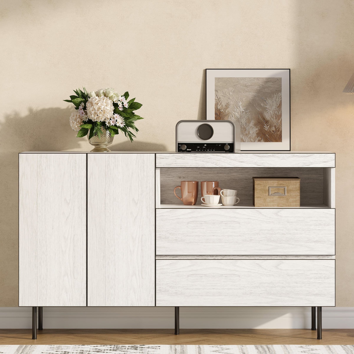 MERAX Buffet 2 porte(s) 2 tiroir(s) - 140 cm blanc panneau de particules