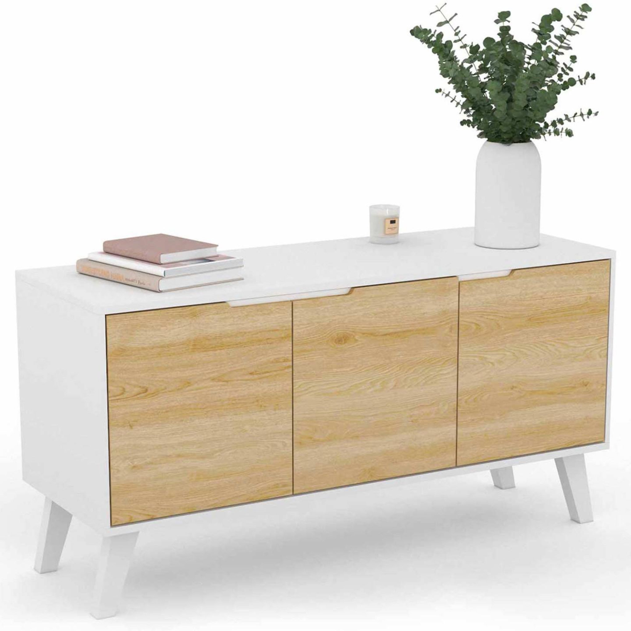 ID MARKET Buffet bas scandinave 113 cm finn 3 portes blanc et façon hêtre