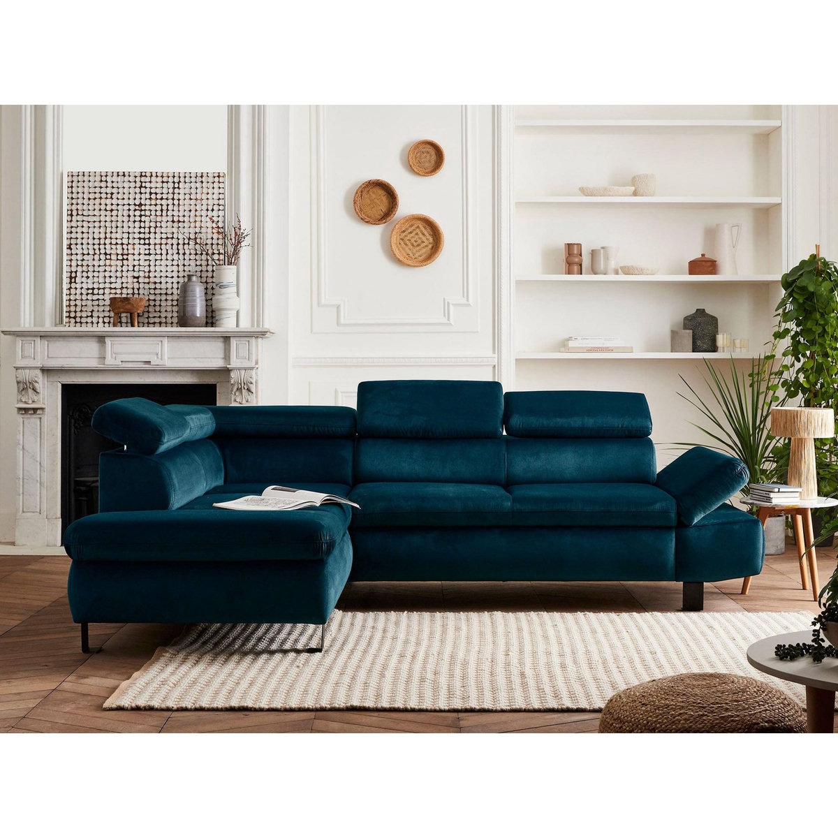 LISA DESIGN Nairobi - canapé d'angle convertible - en velours - 5 places - avec têtières - gauche