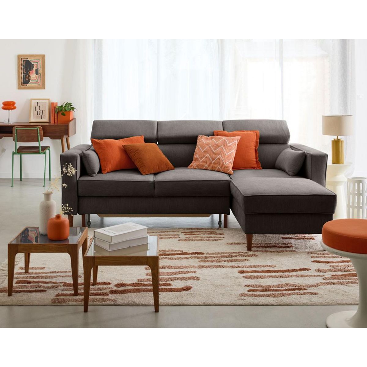 BEST MOBILIER Alicante - canapé d'angle réversible convertible avec têtières - coffre - 4 places - en tissu texturé