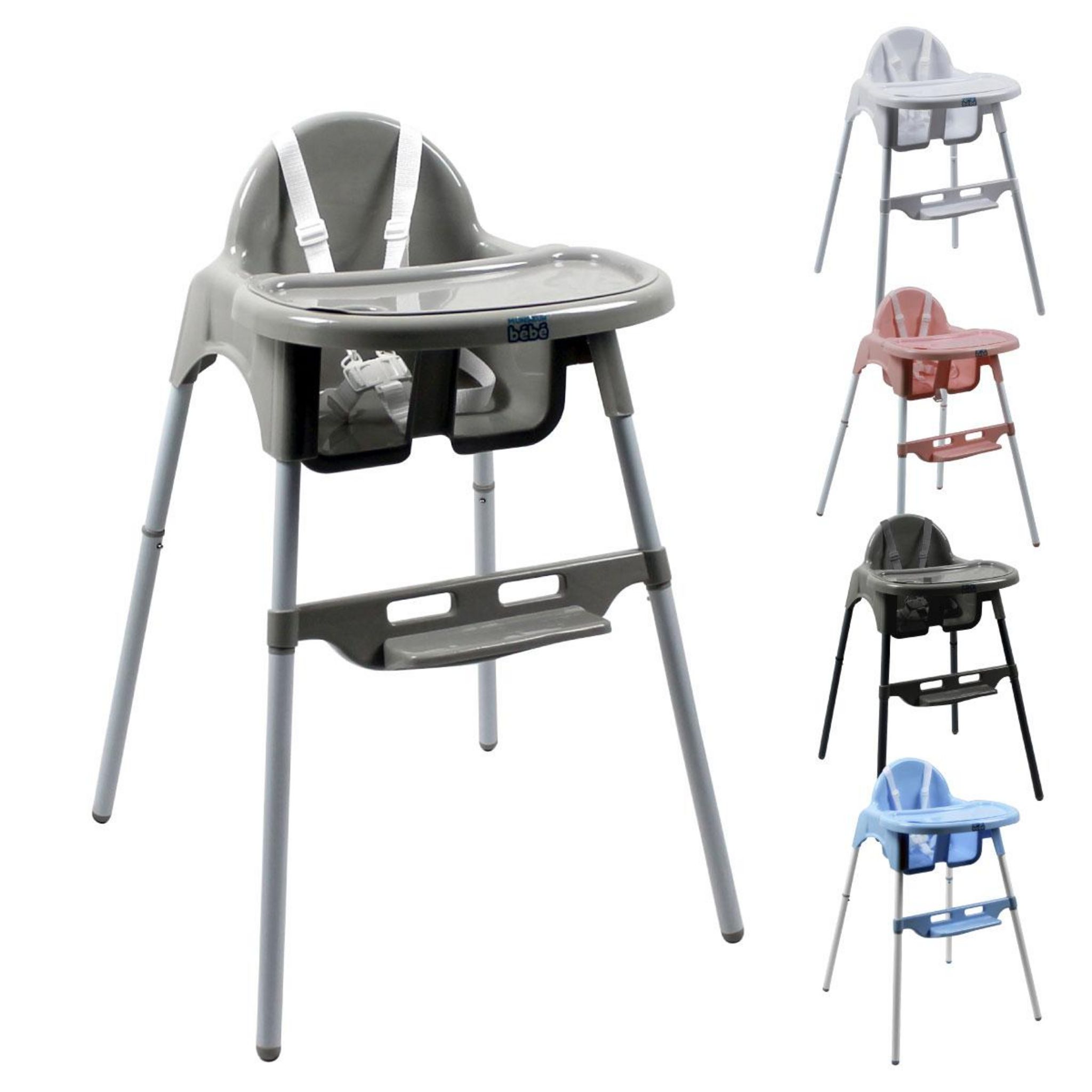 Monsieur Bébé Chaise haute bébé réglable hauteur et tablette. Coloris disponibles : Bleu, Gris, Rose, Blanc