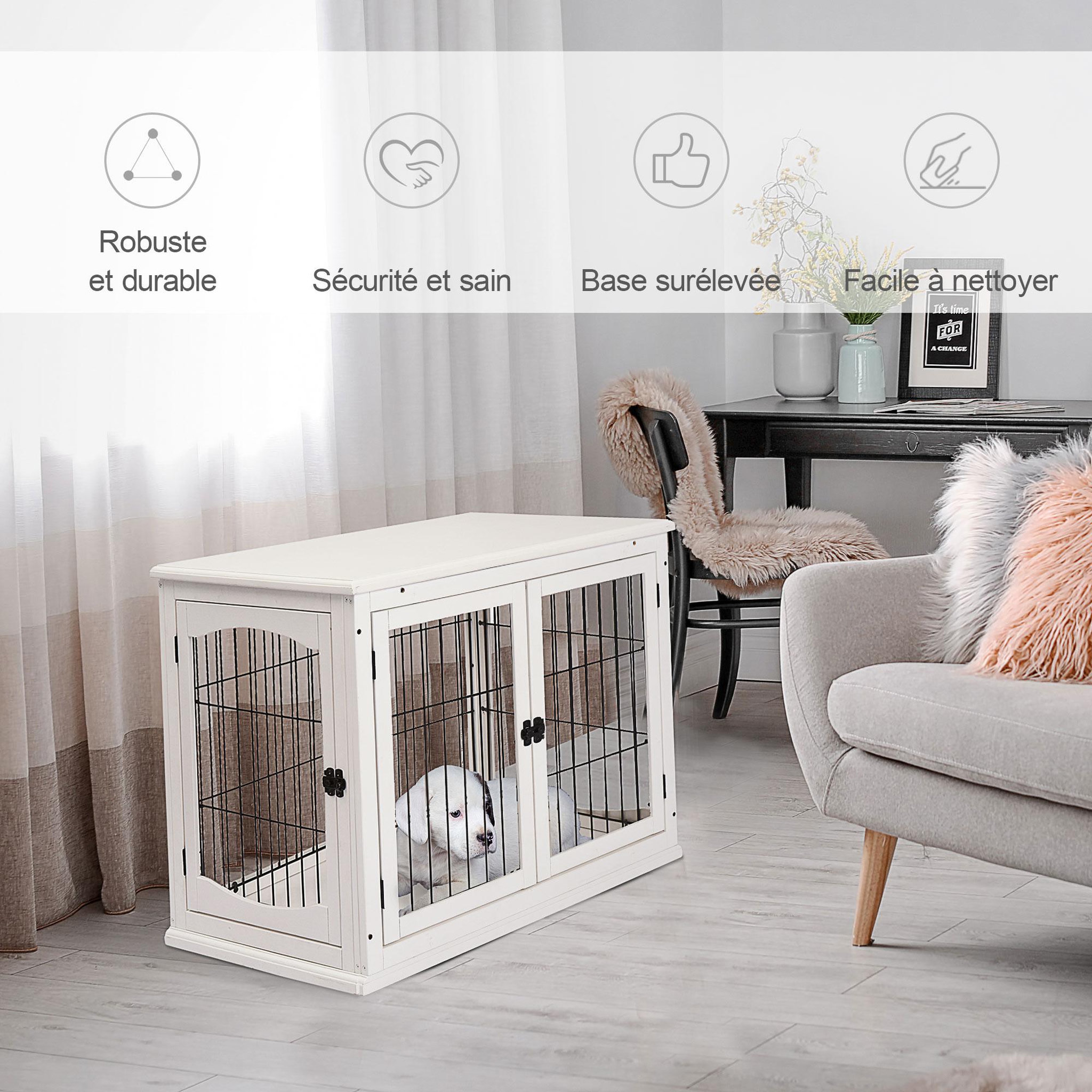 Voir la diapositive 4 : PAWHUT Cage pour chien animaux cage en bois MDF classe E1 3 portes verrouillables max. 30 Kg dim. 81L x 58l x 66H cm blanc noir
