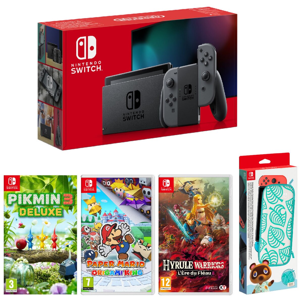 NINTENDO Console Nintendo Switch Grise + Pikmin 3 + Paper Mario: The Origami King + Hyrule Warriors: L'ère du Fléau + Pochette de transport et protection d'écran Animal Crossing Nintendo Switch