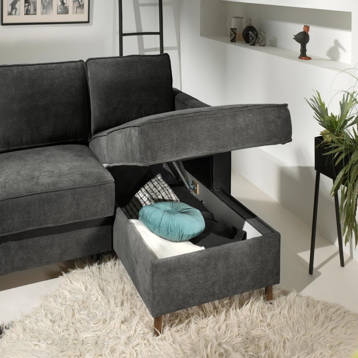 LISA DESIGN Jake - canapé d'angle droit - convertible avec coffre - 4 places - en velours côtelé