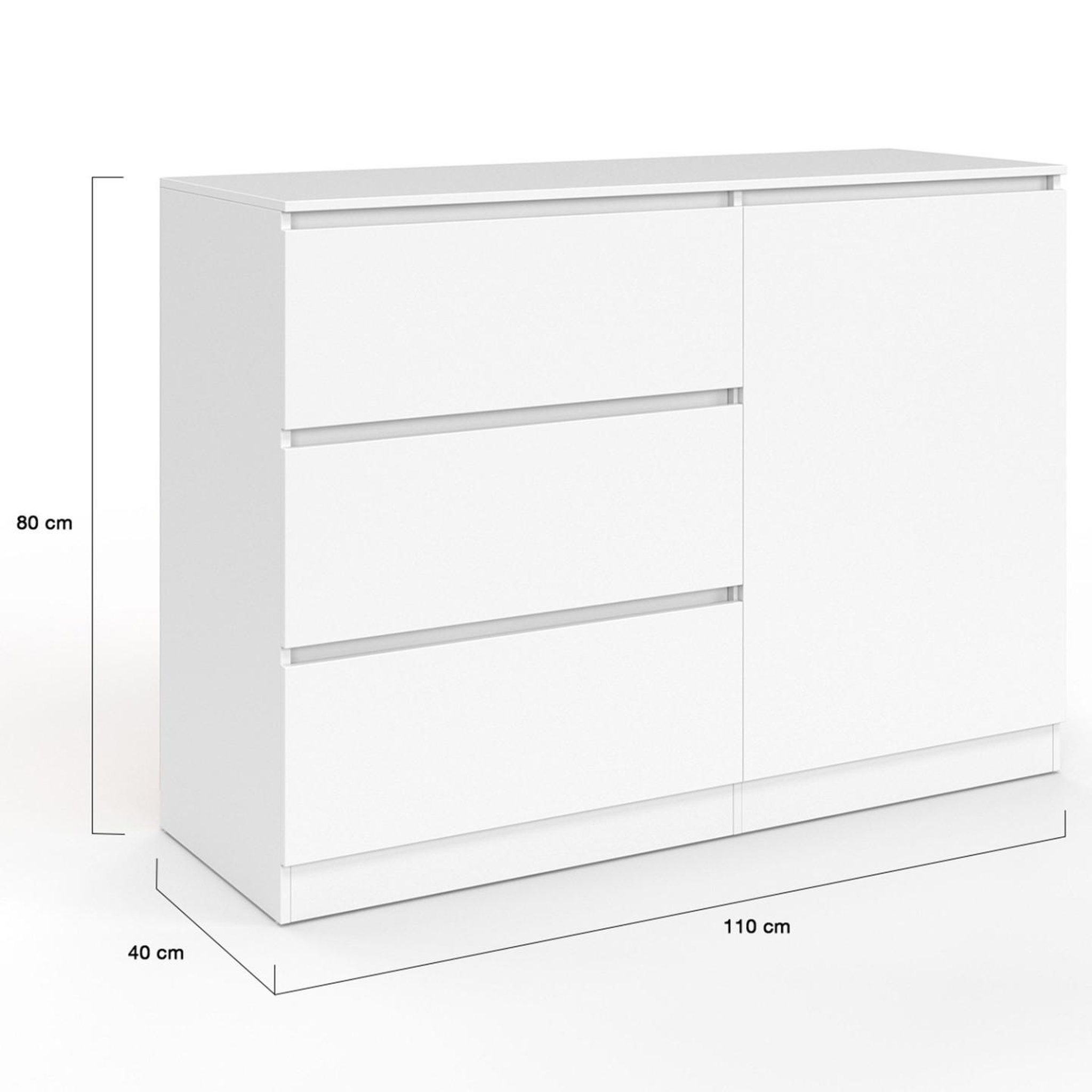 Voir la diapositive 4 : ID MARKET Commode 3 tiroirs + 1 porte tomi 110 cm bois blanc