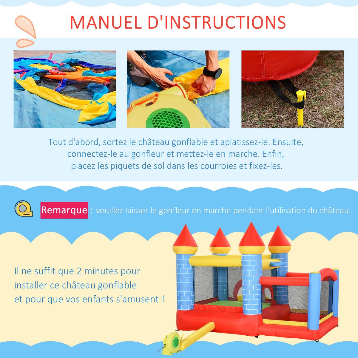OUTSUNNY Château gonflable enfant - toboggan, trampoline, piscine, panier - gonfleur, sac de transport inclus - dim. 2,8L x 2,6l x 2,1H m - polyester multicolore