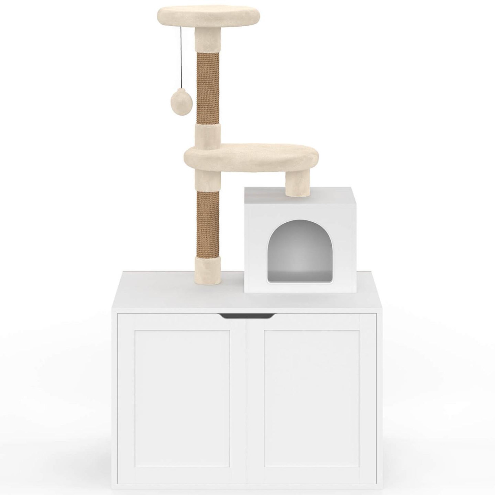 Voir la diapositive 3 : ID MARKET Maison de toilette pour chat avec arbre à chat, cache-litière 2 portes, niche et plateforme en bois blanc