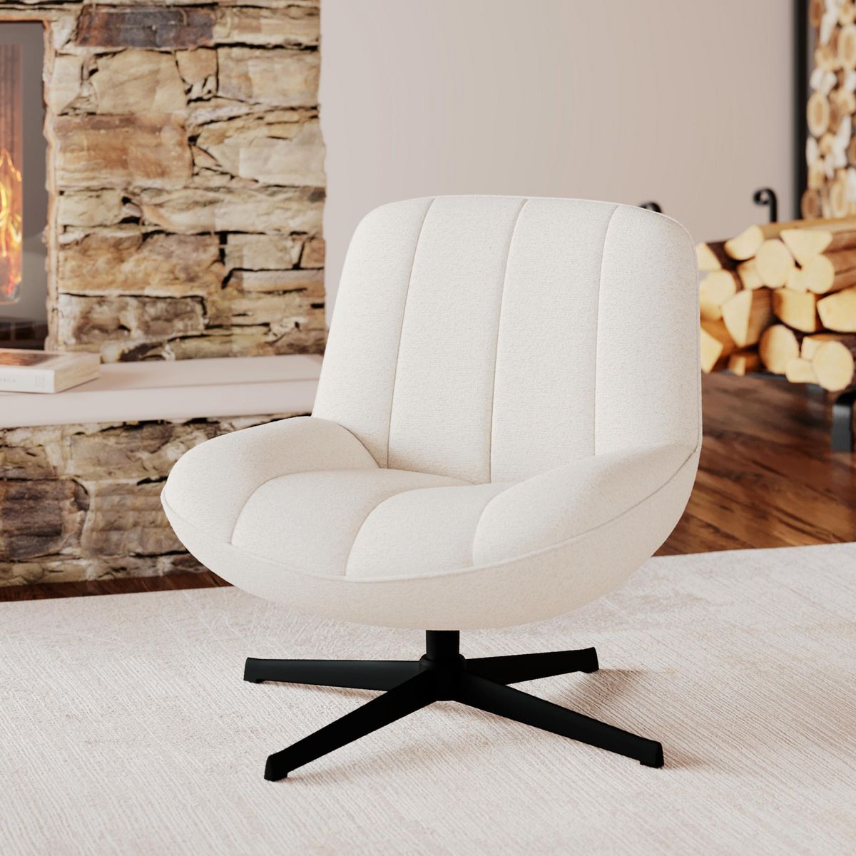 Rendez vous déco Fauteuil pivotant en tissu bouclé blanc cassé - Elvis