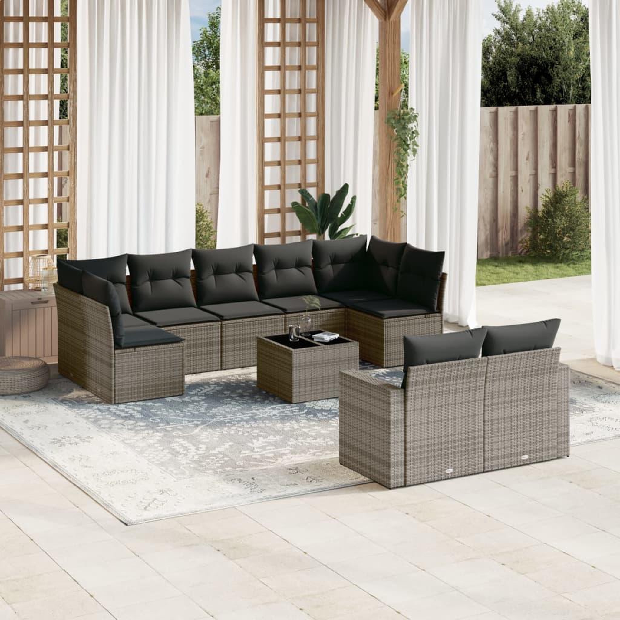 VIDAXL Salon de jardin avec coussins 10 pcs gris resine tressee
