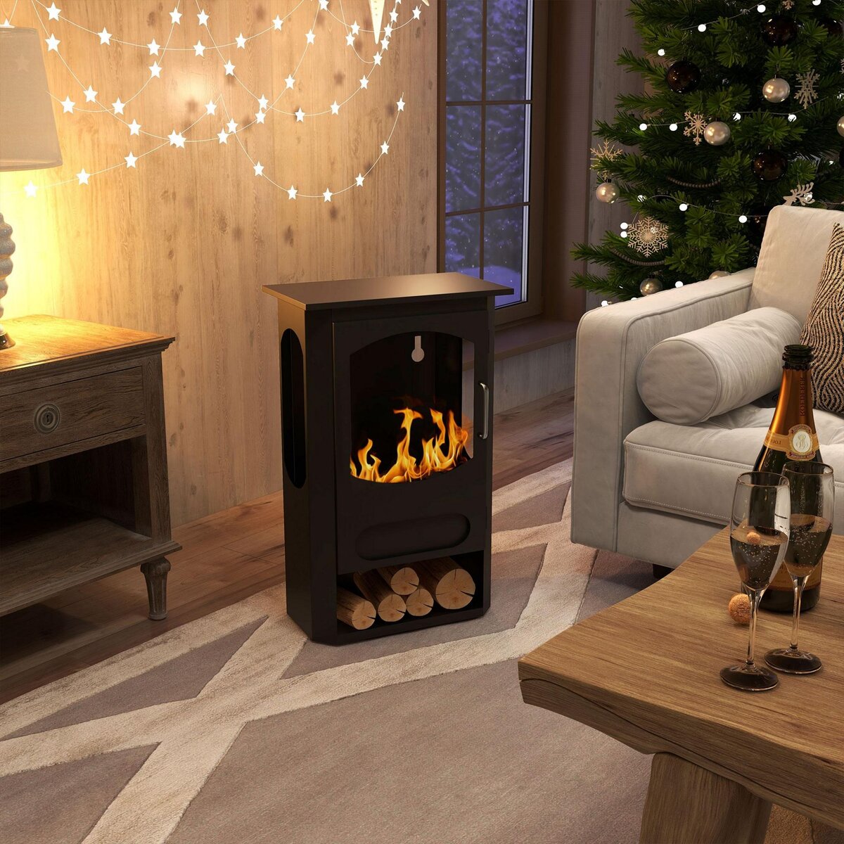 HOMCOM Cheminée bioéthanol design contemporain - range bûches - brûleur 1,2 L - contrôle de flamme et manche inclus - acier noir