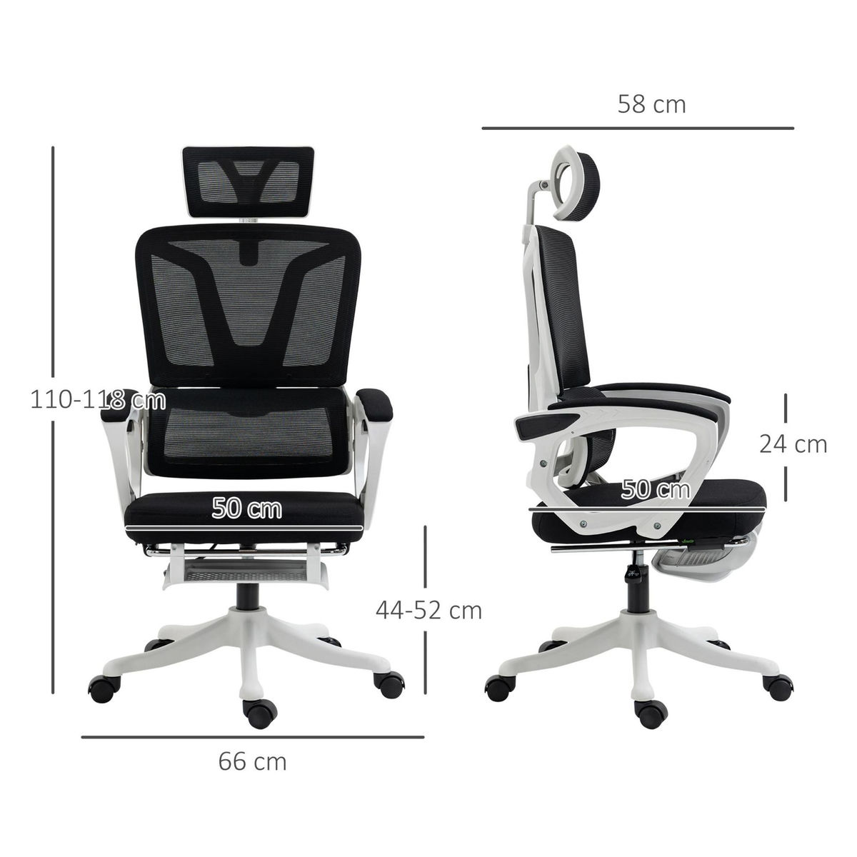 VINSETTO Fauteuil de bureau ergonomique inclinable réglable - repose-pied rétractable, support lombaires, tétière ajustable - blanc noir